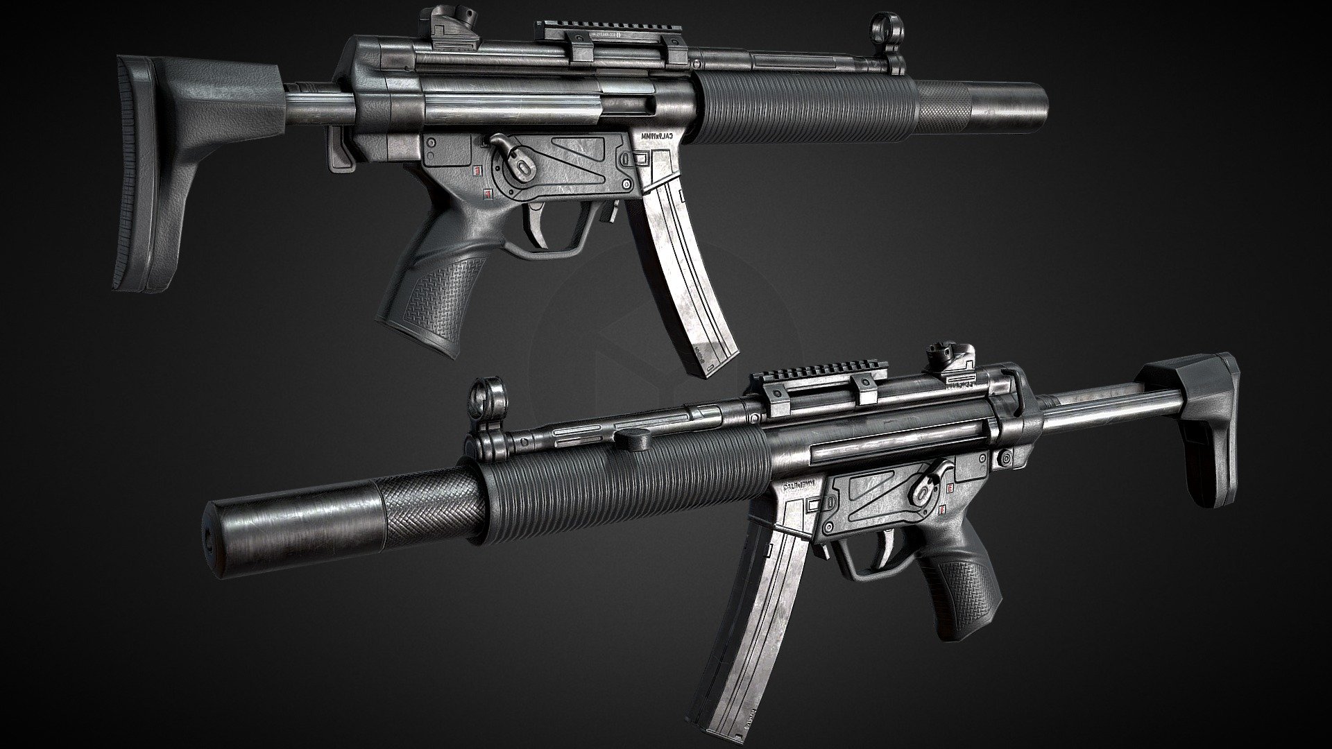 The MP5SD Optimized for mobile/Standalone VR applications with a polycount of 2499Tris

The version to the right has a single 1024x1024 texture while the Left is the 4096x4096 Version. The 1024x1024 version suffers a little bit due to sketchfab texture compression but should look cleaner in your target engine if compression quality is set to high or none.

For correct rotations in Unity engine you might need to tick the “Bake axis conversion” import option when importing the FBX.

An additional 128x128 texture set is used for the 9x19mm Bullets inside the weapon on the right version while the left one uses a 1024x1024 texture for the bullet 3d model