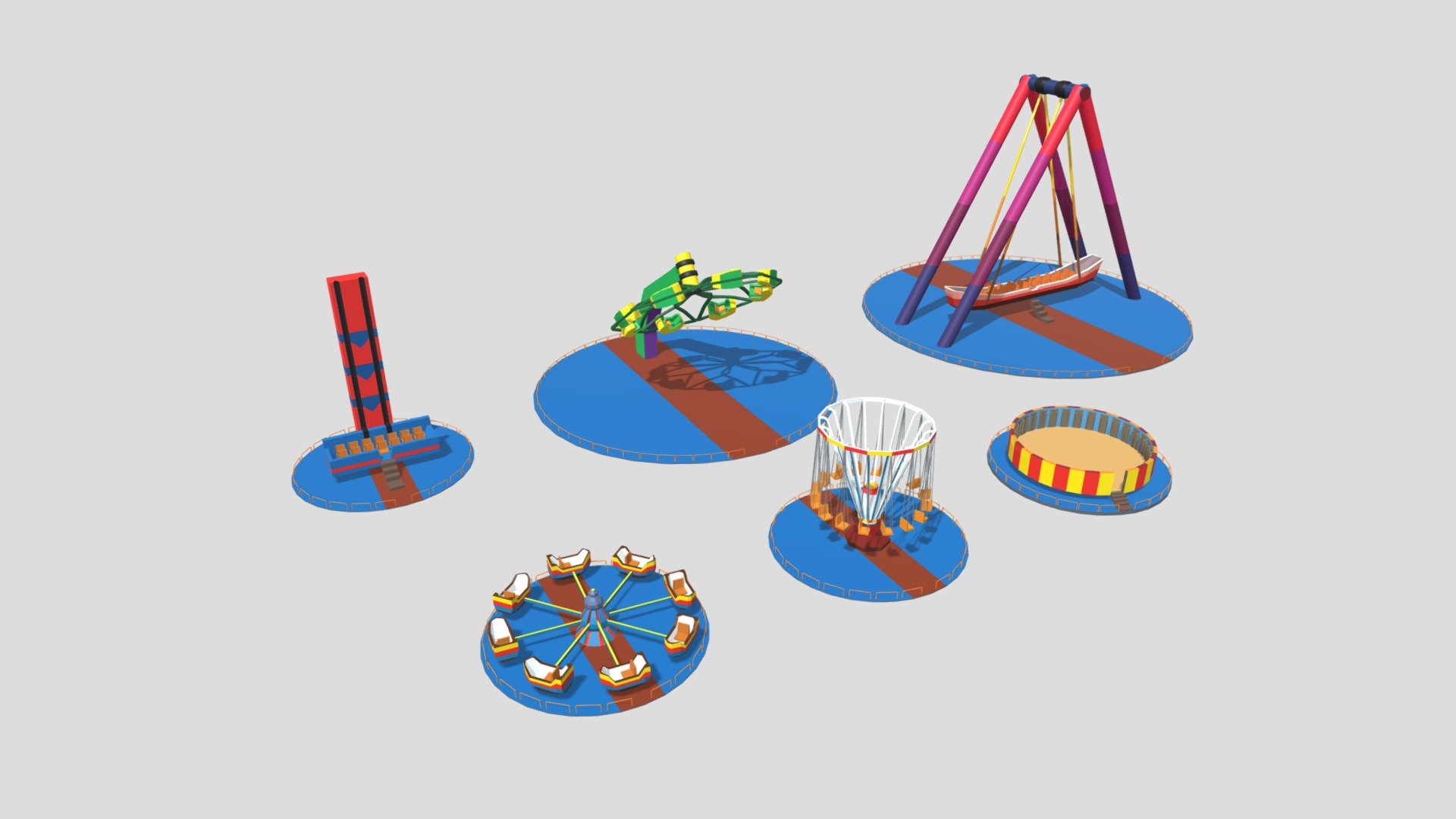 Cartoon Amusement park with Low-poly 3D models, various attractions, rides and games: different carousels, swing, tower.

6 assembled objects: tower with a falling platform, swing-ship and four carousels.

Total faces around 22 thousands - from 50 up to 3000 for each object.

1 texture - 2000x2000px PNG image with colours pallete.

Package contains demo scene with samples of animation to show how the rides can work (spin, swing, fall) 3d model