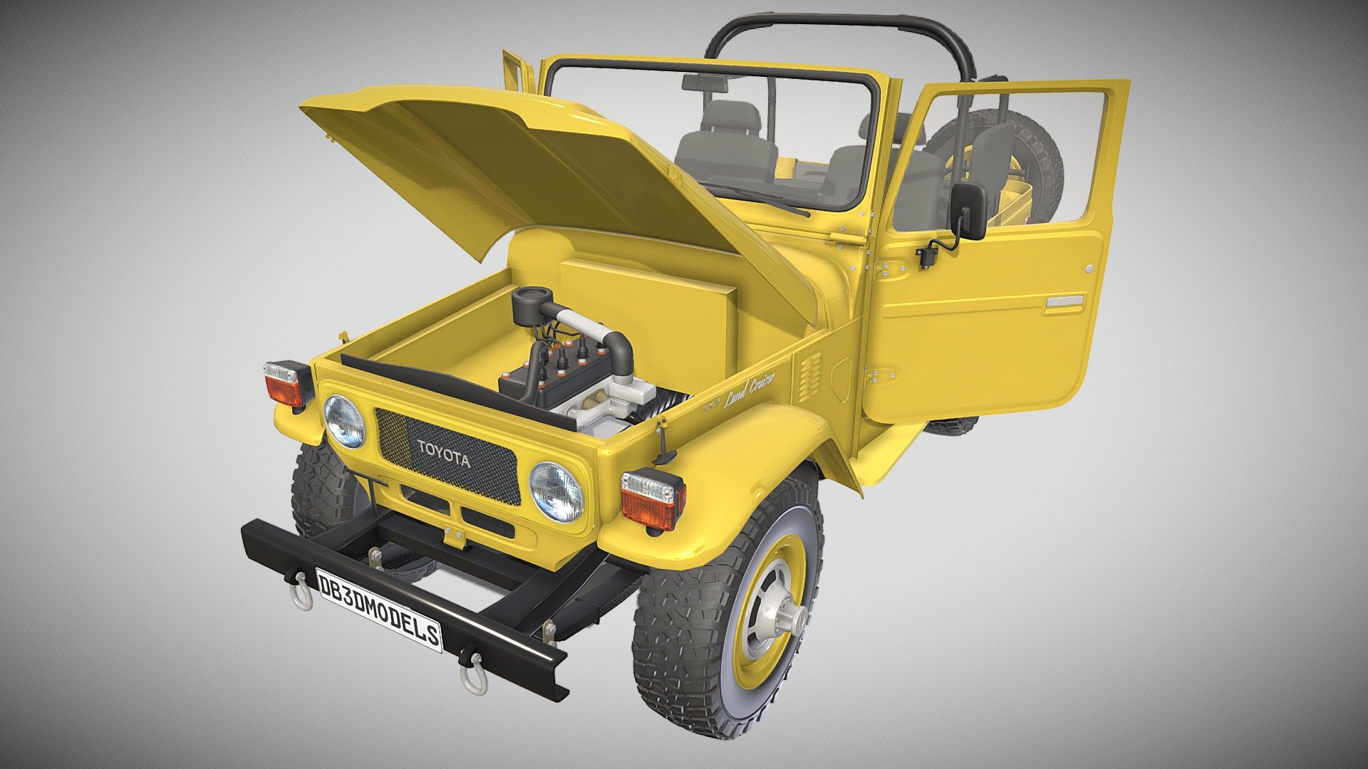 A very accurate model of the Toyota Land Cruiser FJ-40, with a HIGHLY DETAILED INTERIOR AND CHASSIS, WITH ENGINE, SUSPENSION AND BRAKES MODELED.

File formats:
-.blend, rendered with cycles, as seen in the images;
-.blend, rendered with cycles, with doors open, as seen in images;
-.obj, with materials applied and textures;
-.obj, with materials applied and textures and doors open;
-.dae, with materials applied and textures;
-.dae, with materials applied and textures and doors open;
-.fbx, with material slots applied;
-.fbx, with material slots applied and doors open;
-.stl;
-.stl with doors open;

3D Software:
This 3d model was originally created in Blender 2.79 and rendered with Cycles.

Materials and textures:
The model has materials applied in all formats, and is ready to import and render.
The model comes with multiple png image textures 3d model