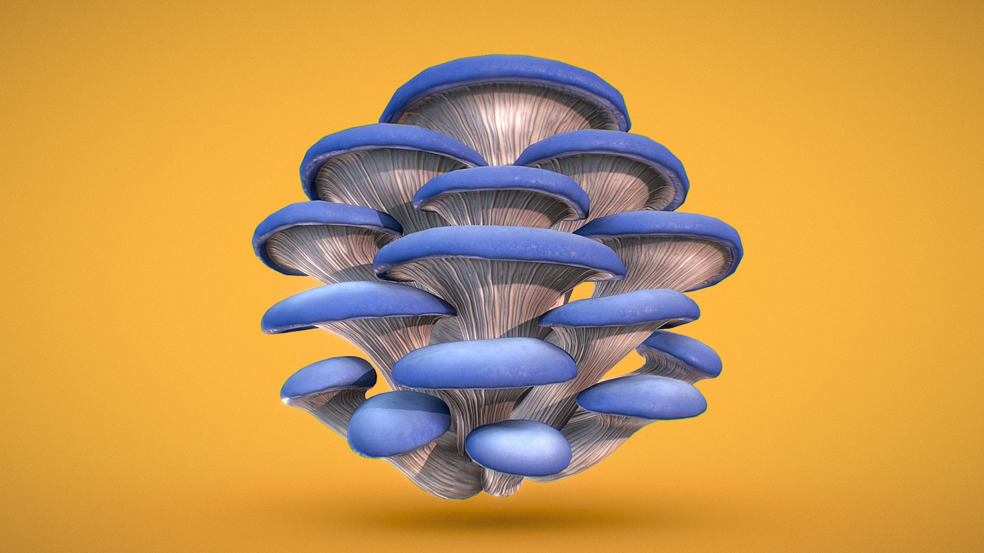 Blue Oyster mushroom, sculpted in Zbrush and textured in Painter.

Blue Oyster Mushroom (Pleurotus ostreatus var. Columbinus) 
A species of pearl oyster mushroom that grows in the Northern Hemisphere during the Spring and Autumn seasons. It is an edible and nutrient dense mushroom with no psychoactive effects when consumed 3d model