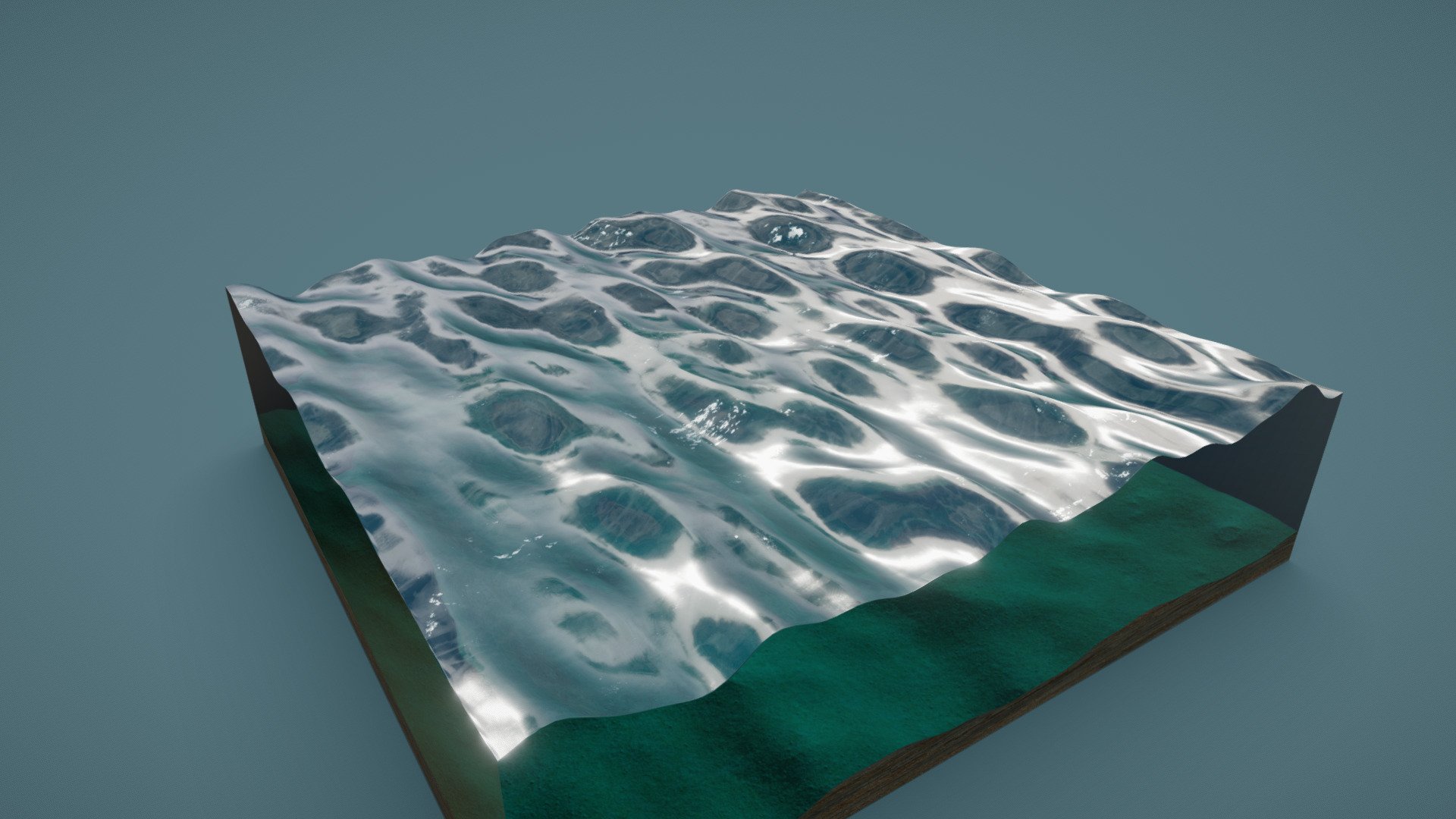 A slice of ocean created using trochoidal (or Gerstner) waves. Modelled in Houdini, the undulations of the base mesh have been created by summing simple sine functions. These techniques are often used to create large bodies of water in real-time environments, a small cross section is used here to keep polygon count managable. 

Based on equations covered in chapter 1 of GPU Gems, a compilation of articles covering practical real-time graphics techniques 3d model