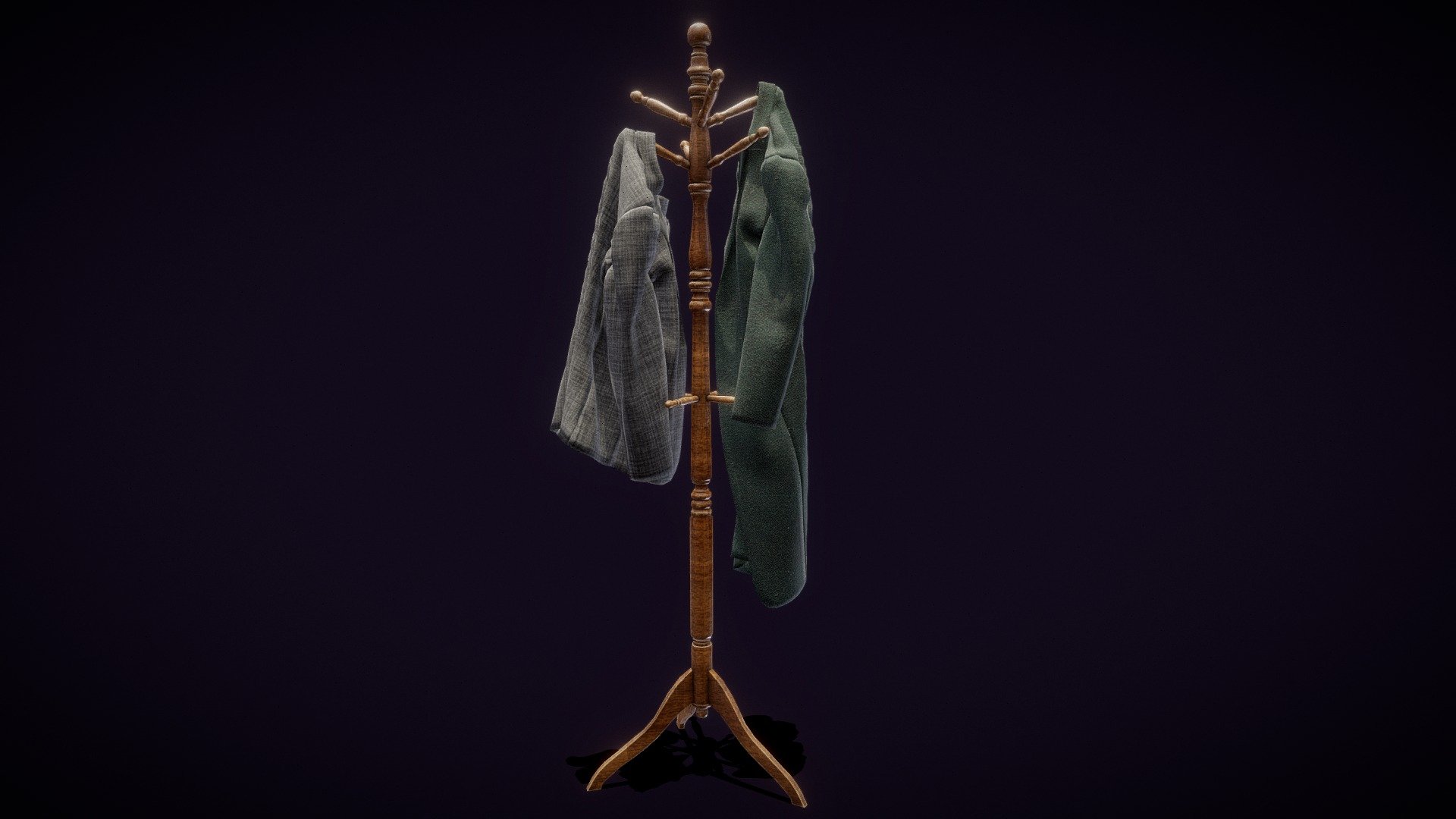 An old wooden rack with a pair of coats. It can be use in any old office or living space. I tried to go as low poly as I could with the cloth simulation without loosing too much silhouette.

All Quads (20, 517 Quads / 41,034 Tris)
3 sets of PBR textures: Wooden Rack / Jacket / Coat.
Direct X Normals. 
2048 x 2048 px Textures 3d model