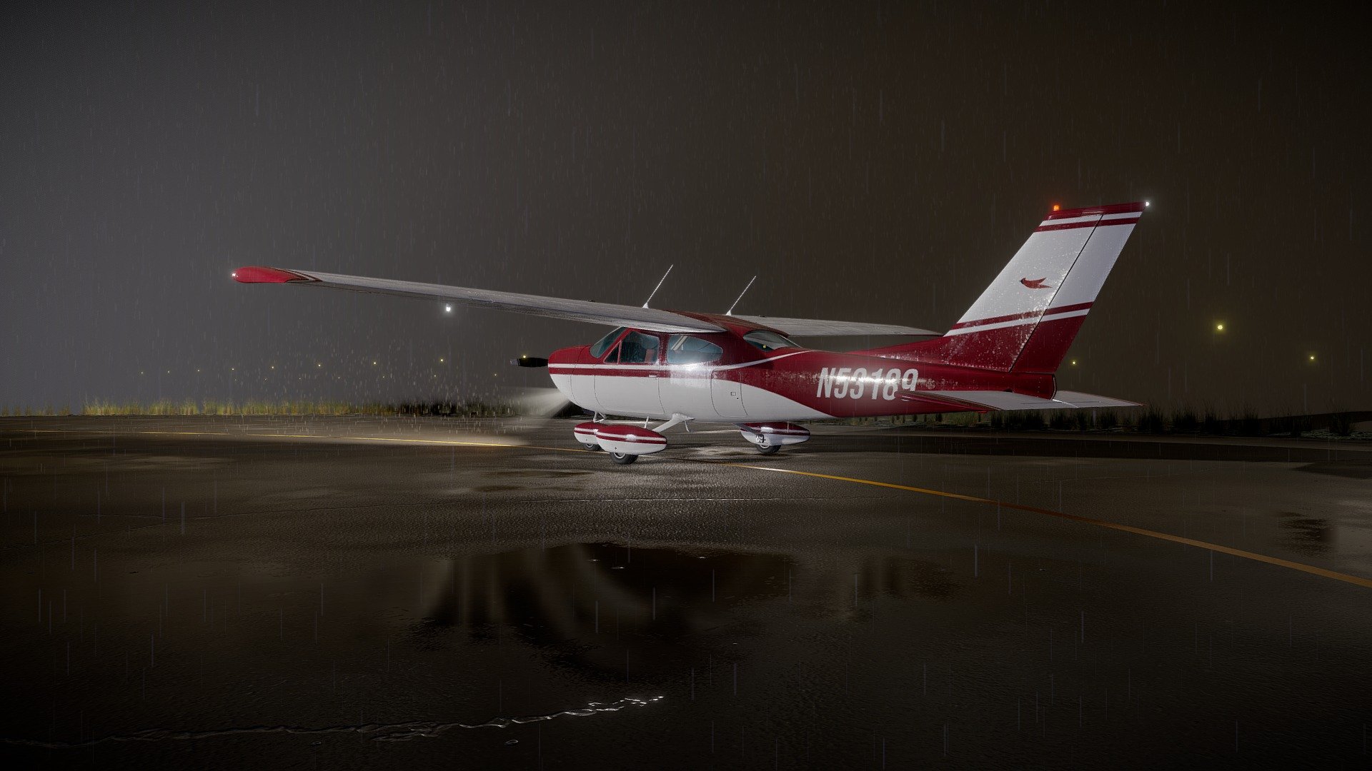 Rainy night scene i made for fun with the Cessna 177 Cardinal.
I modeled it in 3dsmax and i made the textures in Substance Painter.
You can find this Cessna in better quality with 4K textures here : https://sketchfab.com/3d-models/cessna-177-cardinal-4k-6d00ced8bf7b4a98b808fad320f2fc1b
I hope you enjoy the result :) - Rainy night Cessna 177 Cardinal - 3D model by Escou 3d model