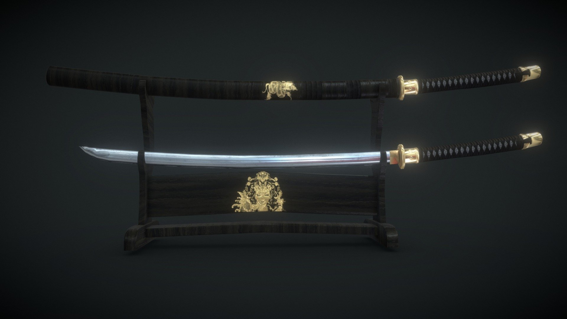 Lowpoly game-ready models.
Both katanas are equal and copied just for better scene view.
Models:Maya
Textures and map baking:Substance painter

Textures are in .png format and contains BaseColor, Metallic, Normal, Roughness.
Textures resolution:2K - Katana, saya and stand low poly model - Download Free 3D model by Sleepwalking (@sevenhells) 3d model
