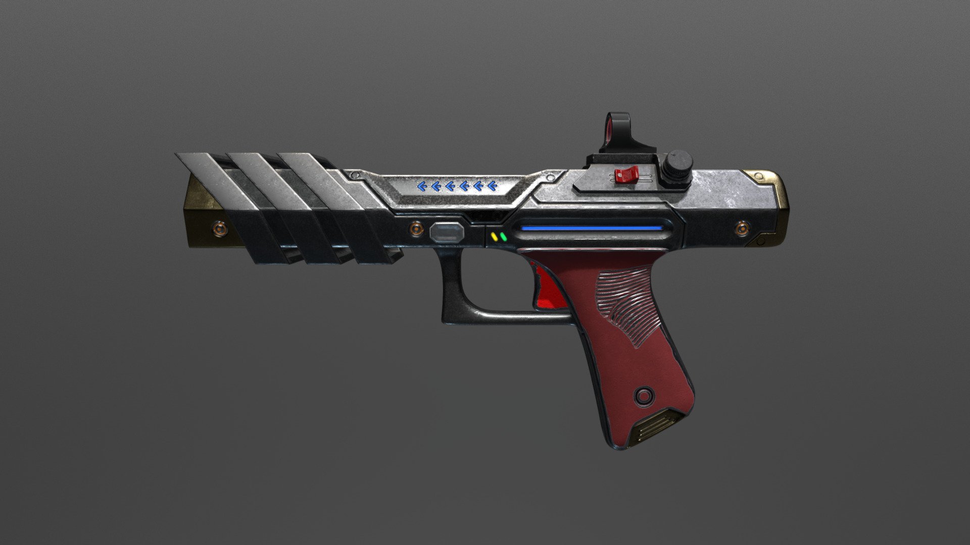 Personal project - hardsurface model of pulse laser SciFi handgun, with self-destruct function clip. I tried to achieve the balance between realistic style and fiction 3d model