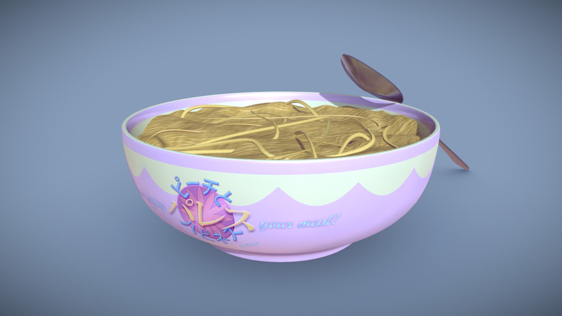 Peach &amp; Happiness Palace (P&amp;HP) may be known for their bubble tea, but that isn't all that they can serve to their customers! Two meals come in special bowls with a molded logo on its front, those being ramen noodles and white rice (the latter not shown here).

This food model was made for Project Magical Mary, a Roblox game where food may be used to keep your character well-fed, with these Asian meals able to be made at P&amp;HP by the player. Also, yes, you may use chopsticks to eat these meals in real life, but in Magical Mary, you'd use a spoon 3d model