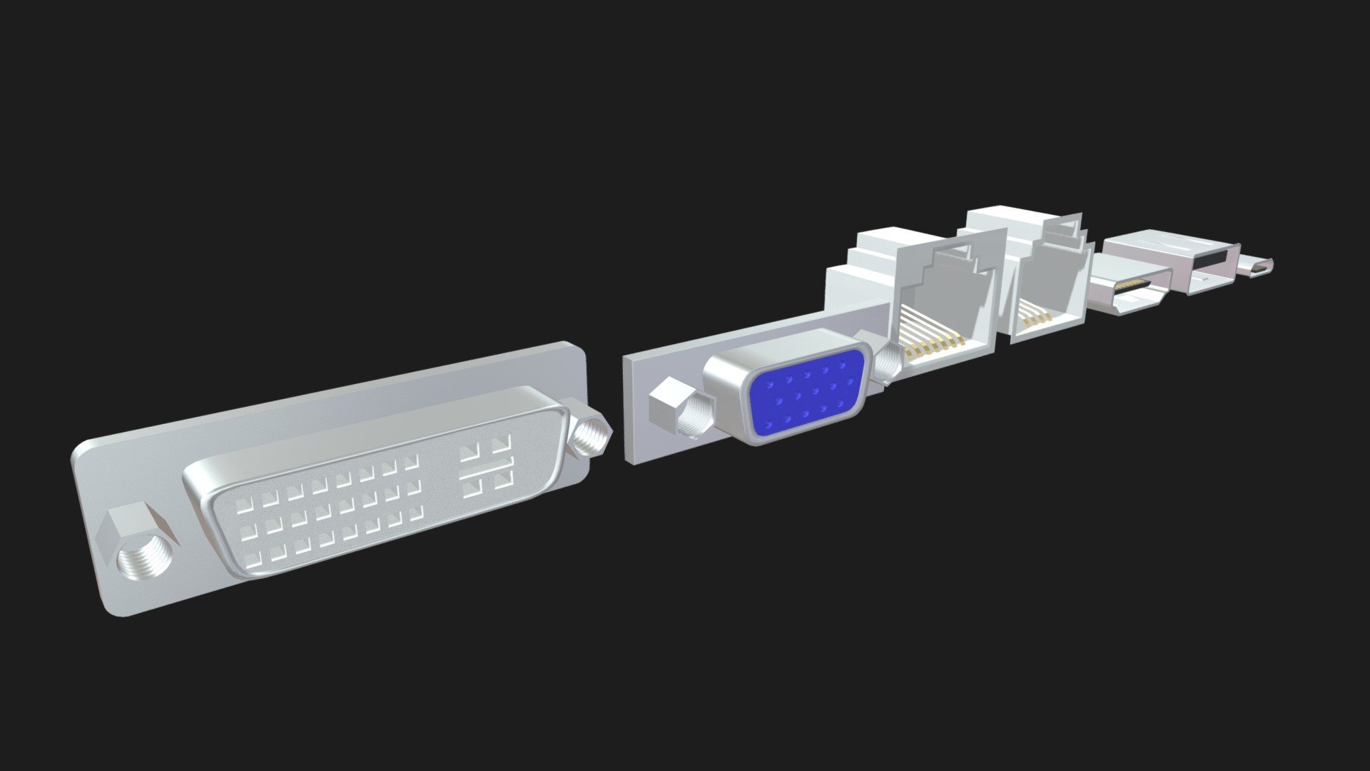 === The following description refers to the additional ZIP package provided with this model ===

Computer ports sockets 3D Model. 7 individual objects (dvi-i, vga, micro-usb, usb-a, hdmi, rj45 ethernet, rj11 phone), sharing the same non overlapping UV Layout map, Material and PBR Textures set. Production-ready 3D Model, with PBR materials, textures, non overlapping UV Layout map provided in the package.

Quads only geometries (no tris/ngons).

Formats included: FBX, OBJ; scenes: BLEND (with Cycles / Eevee materials); other: png with Alpha.

7 Objects (meshes), 1 PBR Material, UV unwrapped (non overlapping UV Layout map provided in the package); UV-mapped Textures.

UV Layout maps and Image Textures resolutions: 2048x2048; PBR Textures made with Substance Painter.

Polygonal, QUADS ONLY (no tris/ngons); 24394 vertices, 24009 quad faces (48018 tris).

Real world dimensions; scene scale units: cm in Blender (that is: Metric with 0.01 scale).

Uniform scale object (scale applied in Blender) 3d model