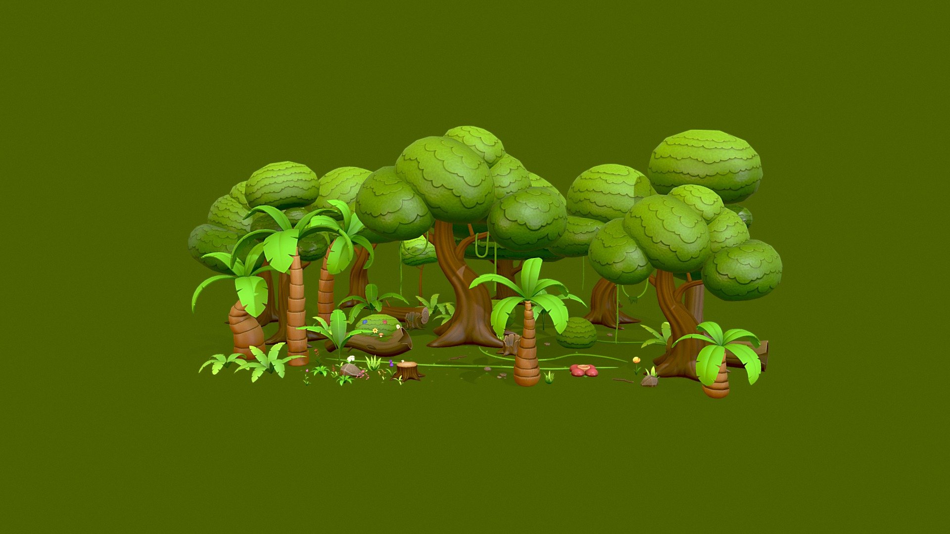 Low Poly Jungle Pack  

Jungle Props Collection low-poly 3d models in cartoon style. 
 


Clean topology 

No Rig 

Non-overlapping unwrapped UVs 
 


PNG texture 

2048x2048 

- Albedo 

- Normal 

- Specular 
 


65 FBX and 3ds Max files 
 


7 trees 

5 palm trees 

3 tree stumps 

3 logs v
8 vines 

2 banana plants 

3 ferns 

2 bushes 

4 rocks 

2 branches 

7 grass 

3 leaves 

1 Rafflesia 

2 mushrooms 

6 flower plants 

4 flowers 

3 sprouts - Low Poly Jungle Pack - Buy Royalty Free 3D model by bariacg 3d model