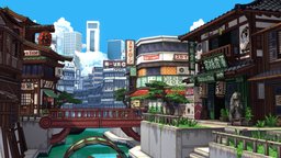 Pixel Canals japan, korea, asia, canal, diorama, npr, jet-set-radio, blender, lowpoly, blender3d, city, pixel, pixelart, environment, gamelevelchallenge