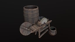Medieval props wheel, bucket, barrel, prop, tools, medieval, sack, blacksmith, old, coal, sharpening, grinding, asset, wood