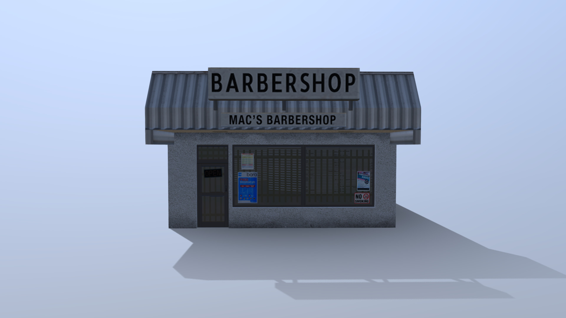 Typical North American strip mall building.

This was made as an asset for Cities:Skylines. Find it and other similar buildings here! - Strip Mall - Mac's Barbershop - 3D model by CommonSpence 3d model