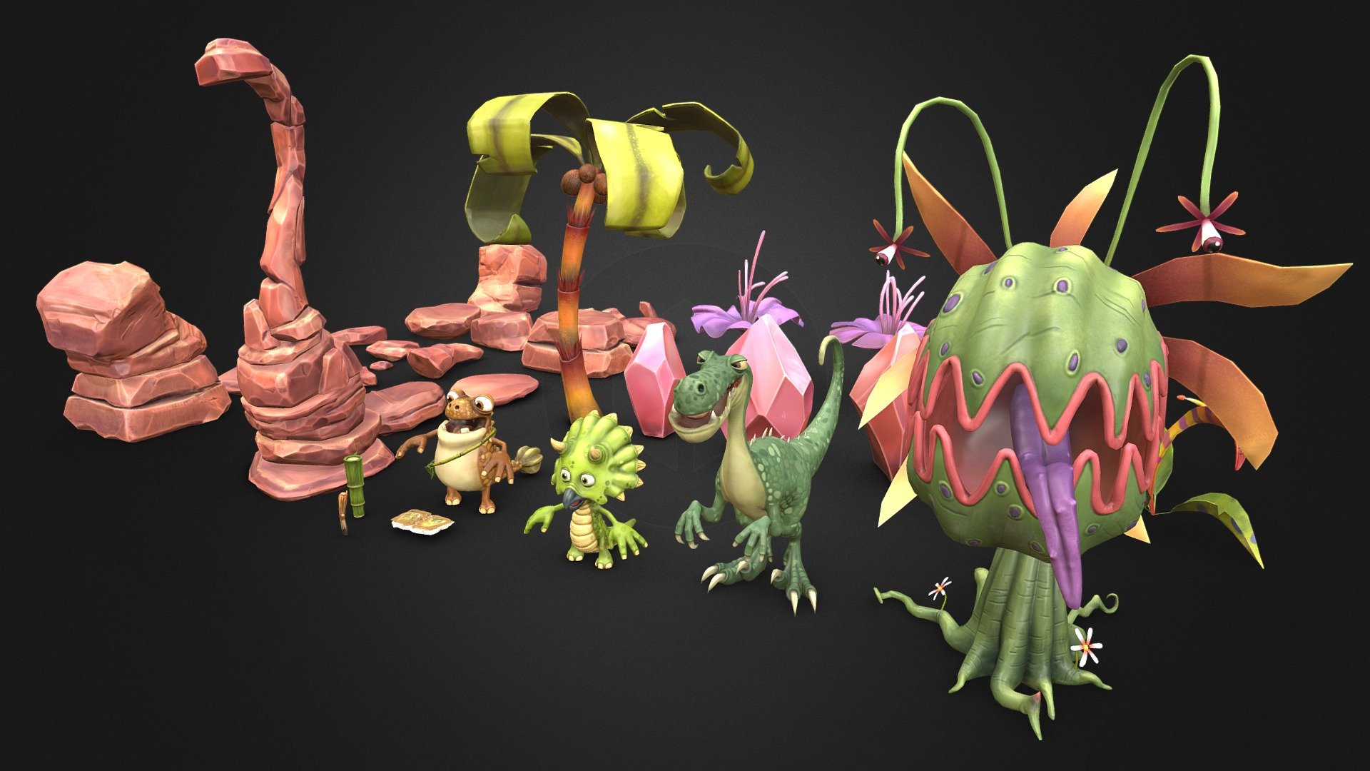 Characters finished so far : Maxu, Tiny, Cror, Carnivorous

Many more environment assets are finished (plants, grass, etc) but I wait to have enough to fill another texture before posting it here. 
I plan to make a few more characters (Tutor, Archie, Bill, Rocky).
And then I'll mount a quiet big scene with all that ! Tons of work.

Sculpting / modeling : ZBrush 
Retopology : 3D-Coat, 3DS Max
Unwrapping : RizomUV
Painting : ZBrush, Substance Painter, Photoshop


Gigantosaurus designs by © Cyber Group Studios - Disney 2018 - Gigantosaurus (Modeling in Progress) - 3D model by hansolocambo 3d model