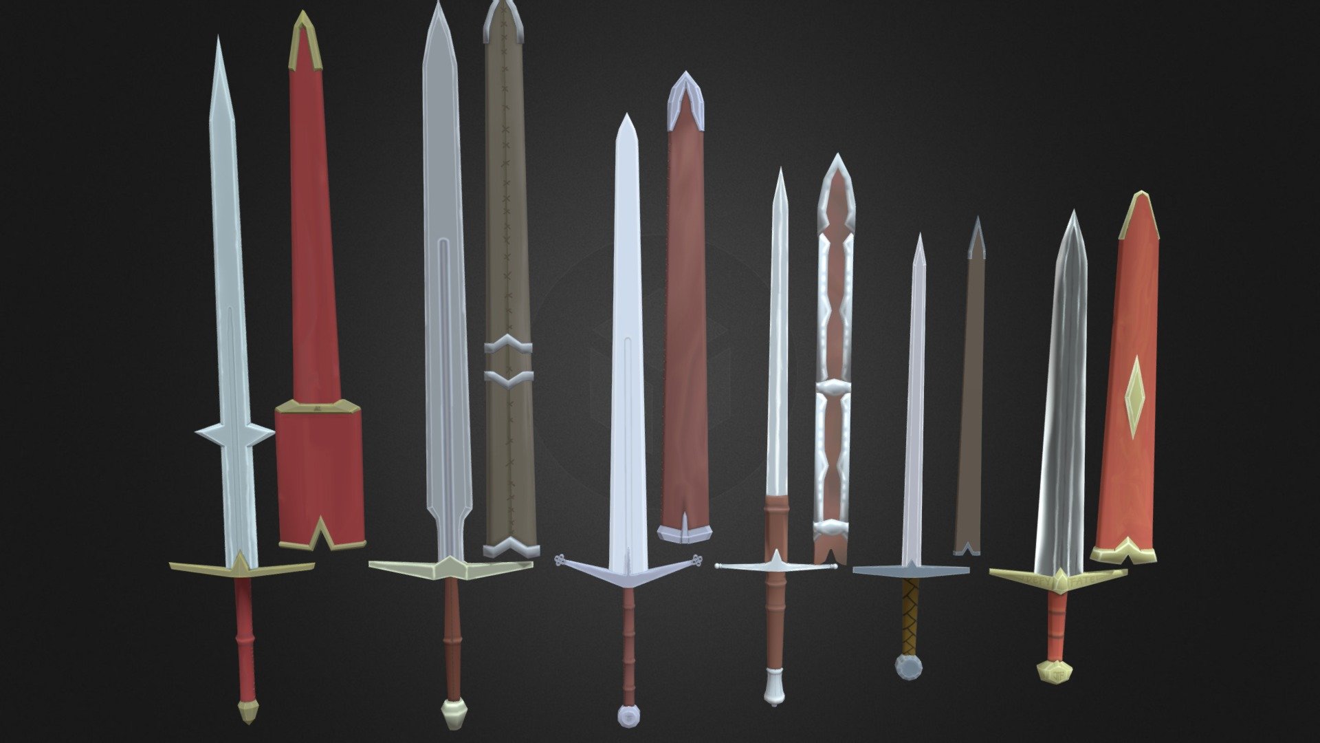 a collection of 6 swords + scabbards.
they are relatively low poly and each sword+scabbard are combined meshes. They are rigged so that the swords can be drawn with animations.

there are 3 two handed swords and the rest are 1-2 handed. 

one sword is my 1st attempt at making a sword with blender, and is used by my DnD character, and another is based on a sword I own IRL 3d model