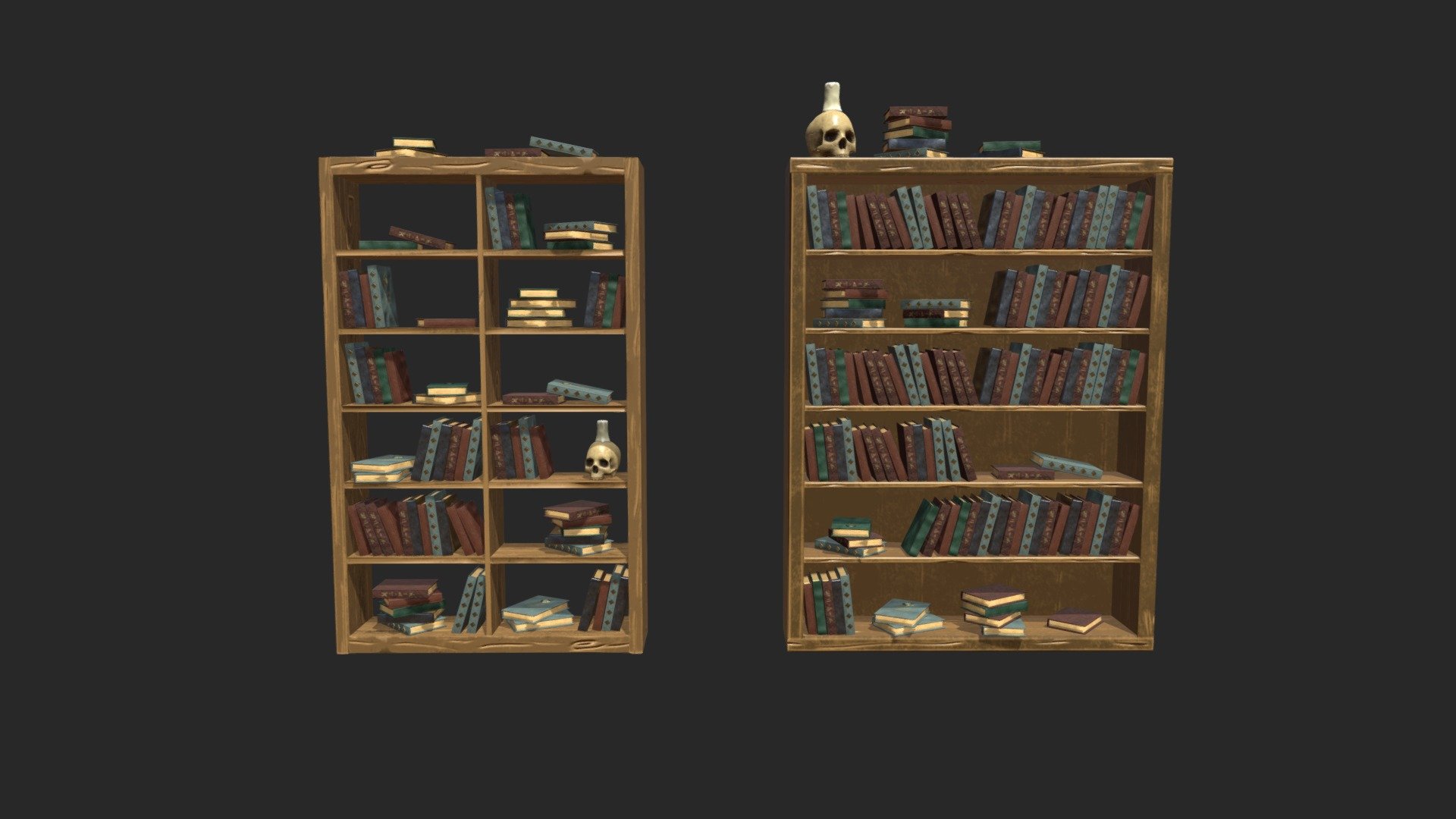These low poly models are intended for use in any engine that supports PBR rendering, such as Unity, UnrealEngine, and others.

Technical details:

8 models




Texture size: 2048x2048

Textures for Unity

Textures for UnrealEngine4

Textures for PBR metal roughness

Polycount:




Bookcase 1: faces - 524, tris - 1048.

Bookcase 2: faces - 552, tris - 1104.

Book 1: faces - 396, tris - 772.

Book 2: faces - 276, tris - 552.

Book 3: faces - 300, tris - 600.

Book 4: faces - 380, tris - 760.

Book 5: faces - 326, tris - 652.

Skull: faces - 3142, tris - 6251.

If you have any questions - write to us, we will be happy to answer!

Please feel free to download it and leave your comments and likes :) - Stylized alchemist shelves with books and skull - Buy Royalty Free 3D model by Mnostva 3d model