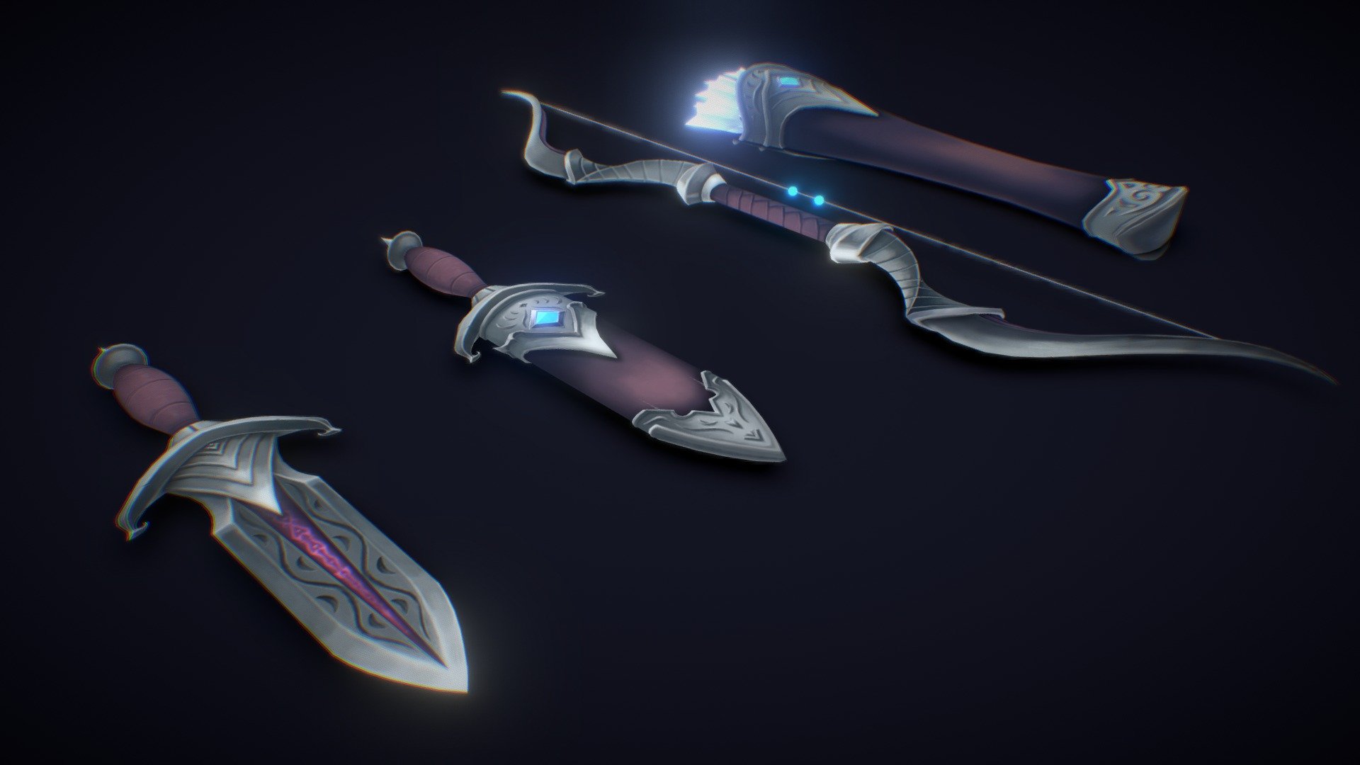 With this project I wanted to challenge myself with making a set of handpainted props. No pbr, just my photoshop brushes.

Based on my own concept of a weapon set for ranger kind of character 3d model