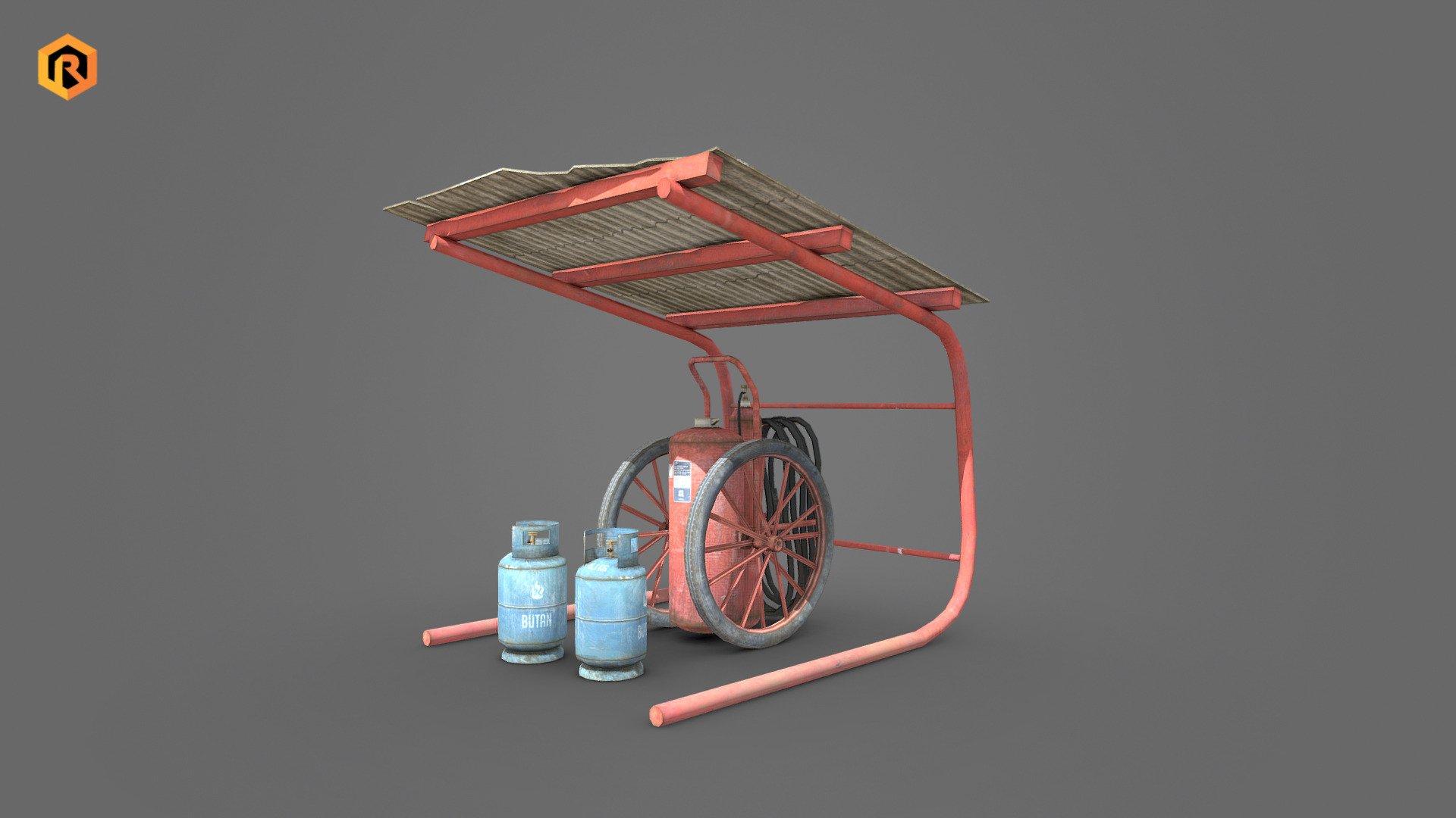 High-quality low-poly 3D model of retro Fire Extinguisher on wheels.

There is also a shelter part and some butane bottles there.

It is best for use in games and other VR / AR, real-time applications such as Unity or Unreal Engine.  

It can also be rendered in Blender (ex Cycles) or Vray as the model is equipped with detailed textures.

Model is built with great attention to details and realistic proportions with correct geometry.  

Technical details:

- 4096 x 4096 Diffuse and AO textures for main part

- 2048 x 2048 Diffuse and AO textures for butan bottle

- 5328 Triangles

- 2622 Polygons

- 3080 Vertices

- Model is correctly divided into main part, wheels, bottles, shelter etc.

- Model completely unwrapped

- Model is fully textured with all materials applied. 

- Pivot points are correctly placed to suit animation process.

- Model scaled to approximate real world size

- All nodes, materials and textures are appropriately named 3d model