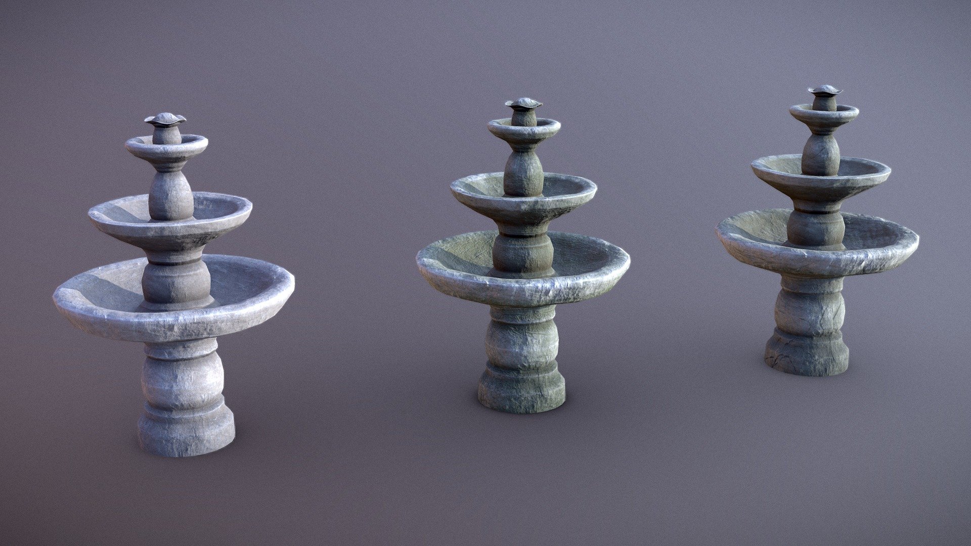 ➥ Water fountain variation set models for any project with only 3.4k Triangles each fountain.

➥ 2 Materials for model (Base Mat and Top) with 4K (4096x4096) textures. / Clean / Dirty / Cracked Materials.

➥ Extra File with with organized folders included fbx and obj formats 3d model