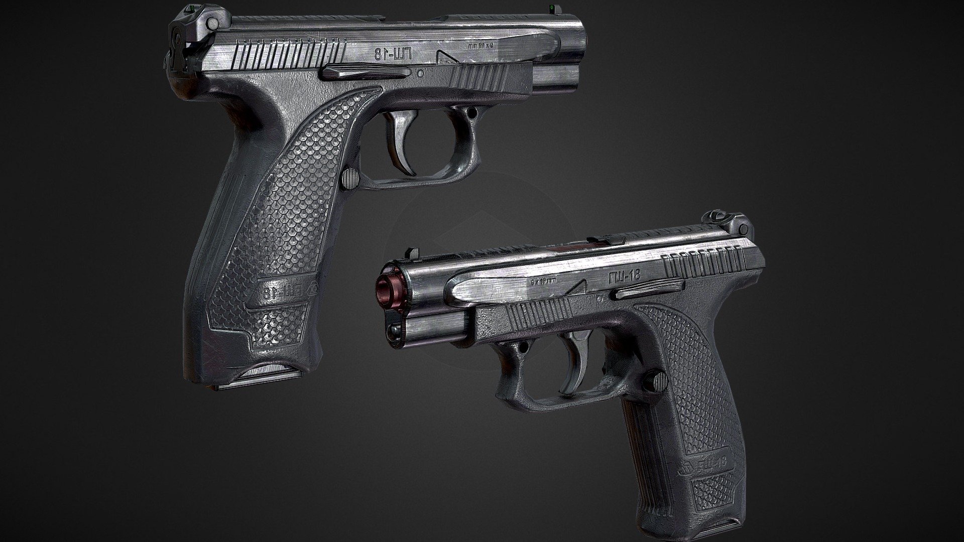 The GSH-18 Pistol Optimized for mobile/Standalone VR applications with a polycount of 2777Tris

The version to the right has a single 1024x1024 texture while the Left is the 4096x4096 Version. The 1024x1024 version suffers a little bit due to sketchfab texture compression but should look cleaner in your target engine if compression quality is set to high or none.

For correct rotations in Unity engine you might need to tick the “Bake axis conversion” import option when importing the FBX.

Note that an additional 128x128 texture set is used for the 9x19mm Bullets inside the weapon on the right version while the left one uses a 1024x1024 texture for the bullet 3d model