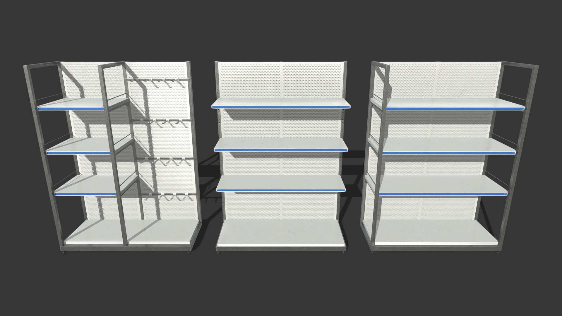 4k Store Shelf Pack

PBR Validate.

Fully optimized for games or Archviz.

Include 3 different models, each model have 1 set of material, all made in Substance Painter. 

All models size: 1,78m X 1,26m X 52cm

Model 1 = 507 Tri.
Model 2 = 1.212 Tri.
Model 3 = 3.510 Tri.

No moving parts.

Formats are: Fbx, Collada, Obj, Gltf.

12 Textures, size of 4096x4096.

3 - Base Color  + Alpha Channel, PNG 8bit.
3 - Metallic PNG 8bit.
3 - Normal PNG 8bit  OpenGL.
3 - Roughness PNG 8bit 3d model