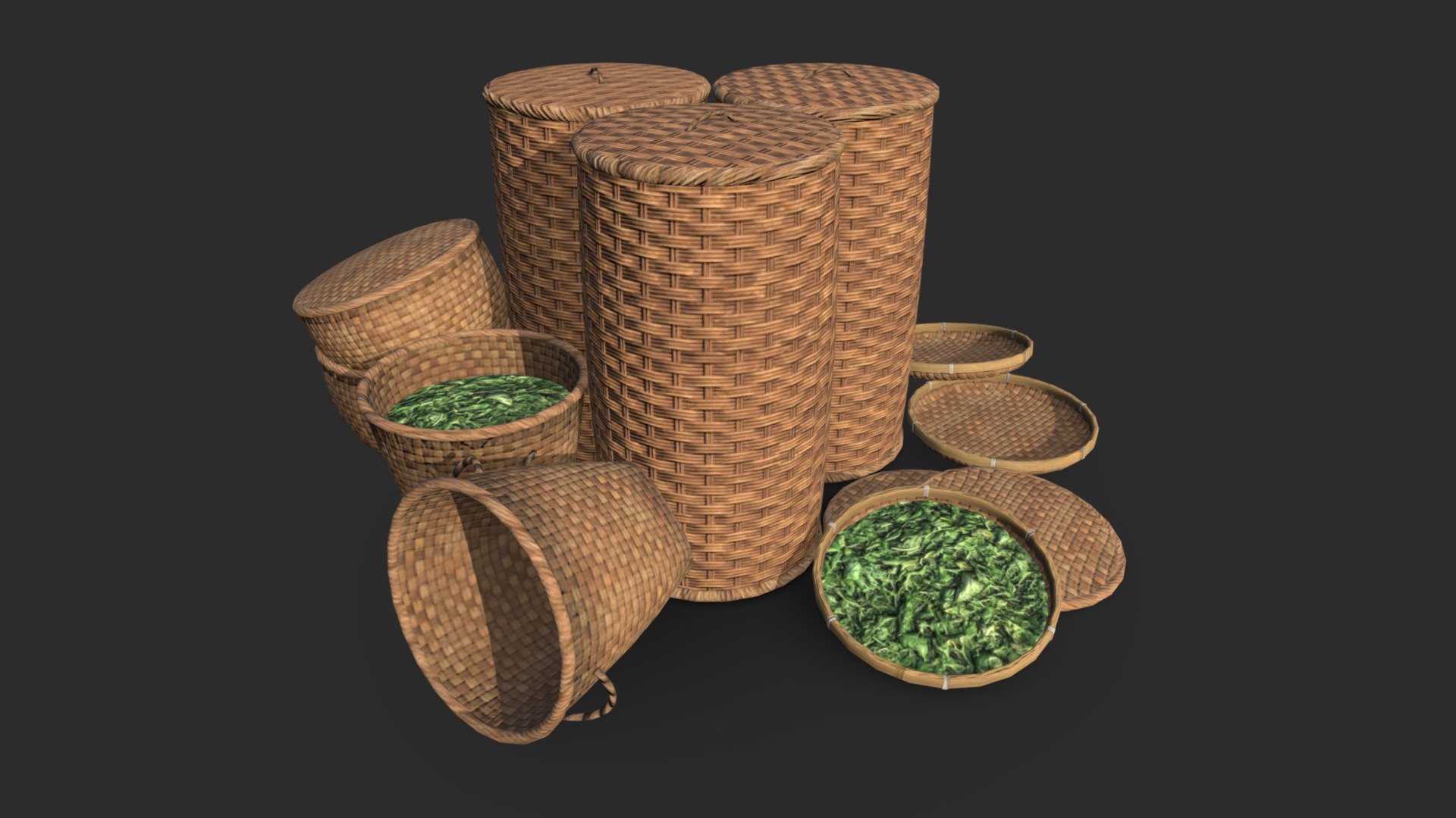 This game assets collection includes 5 wicker baskets, 1 lid and 1 fill leaves shape.

The collection also includes 3 pre-assembled assets save time in game dev and to give you some examples of what you can do with the props included in this collection.

This assets of wicker baskets will embellish you scene and add more details which can help the gameplay and the game-design.

The material of models is unique and ready for PBR.

Low-poly model &amp; Blender native 2.82

SPECIFICATIONS




Objects : 7

Polygons : 3564

Subdivision ready : Yes

Render engine : Eevee (Cycles ready)

GAME SPECS




LODs : Yes (inside FBX for Unity and FBX for Unreal only)

Numbers of LODs : 3

Collider : No

EXPORTED FORMATS




FBX

Collada

OBJ

TEXTURES




Materials in scene : 1

Textures sizes : 2K

Textures types : Base Color, Metallic, Roughness, Normal (DirectX &amp; OpenGL), Heigh and AO

Textures format : PNG

GENERAL




Real scale : Yes
 - Wicker Baskets - Buy Royalty Free 3D model by KangaroOz 3D (@KangaroOz-3D) 3d model