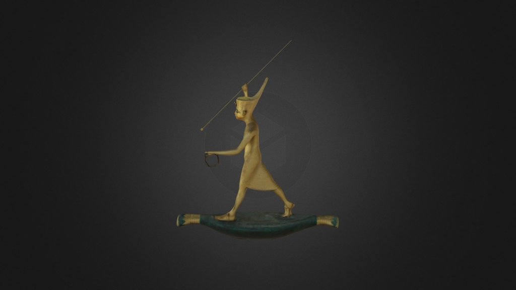 Gilded wooden figure of Tutankhamun on a skiff, throwing harpooner - King Harpooner - 3D model by laboratoriorosso 3d model