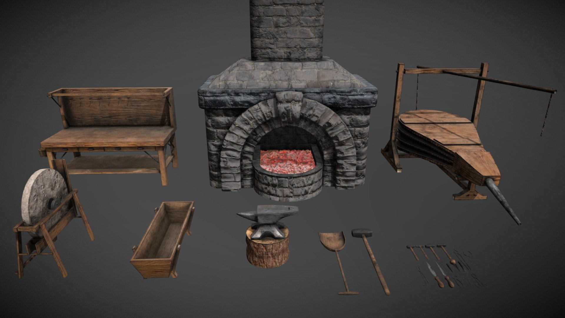 A game ready asset pack containing 25 models themed around medieval a blacksmith's equipment.

Technical information:

Number of meshes: 25

Material slots: 11

Anvil and Stump: 1024x1024, Bellows: 2048x2048, Calipers and Clamps: 1024x1024, Forge: 2048x2048, Grindstone: 2048x2048, Hammers - Small: 1024x1024,Knives and Cutters: 1024x1024, Large Tools: 1024x1024, Pins and Punches: 1024x1024, Quench Trough: 1024x1024, Workbench: 1024x1024

PBR Textures: Yes

Rigged: No - Asset Pack - Blacksmith Equipment - Buy Royalty Free 3D model by Mike Farrant (@MikeFarrant) 3d model