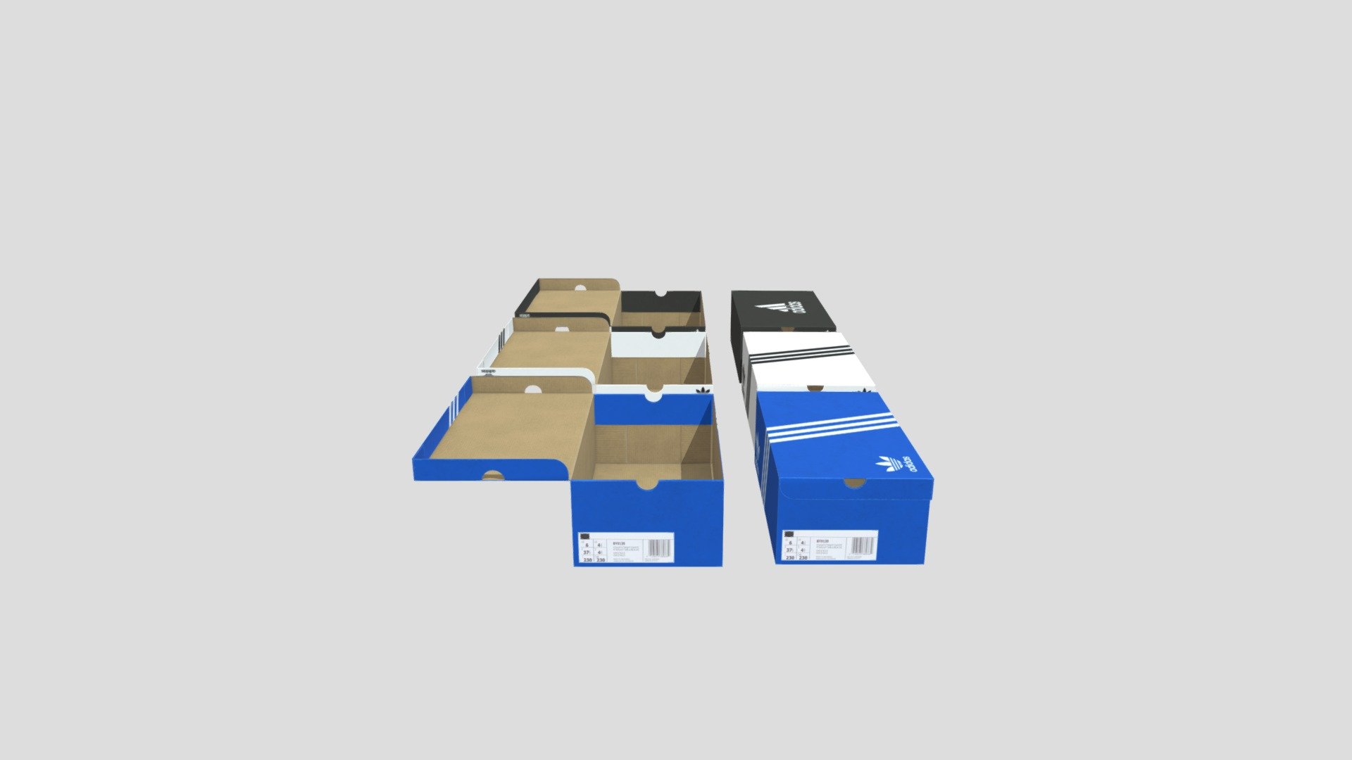 This Adidas Shoe Boxe set Contains:

6 Meshes (3 open, 3 Closed)

4, 4K Textures -Adidas Blue 4K Textures -Adidas White 4K Textures -Adidas Black 4K Textures -Cardboard Interior 4K Textures

Each mesh is 808 vertices and UV Unwrapped for future texturing 3d model