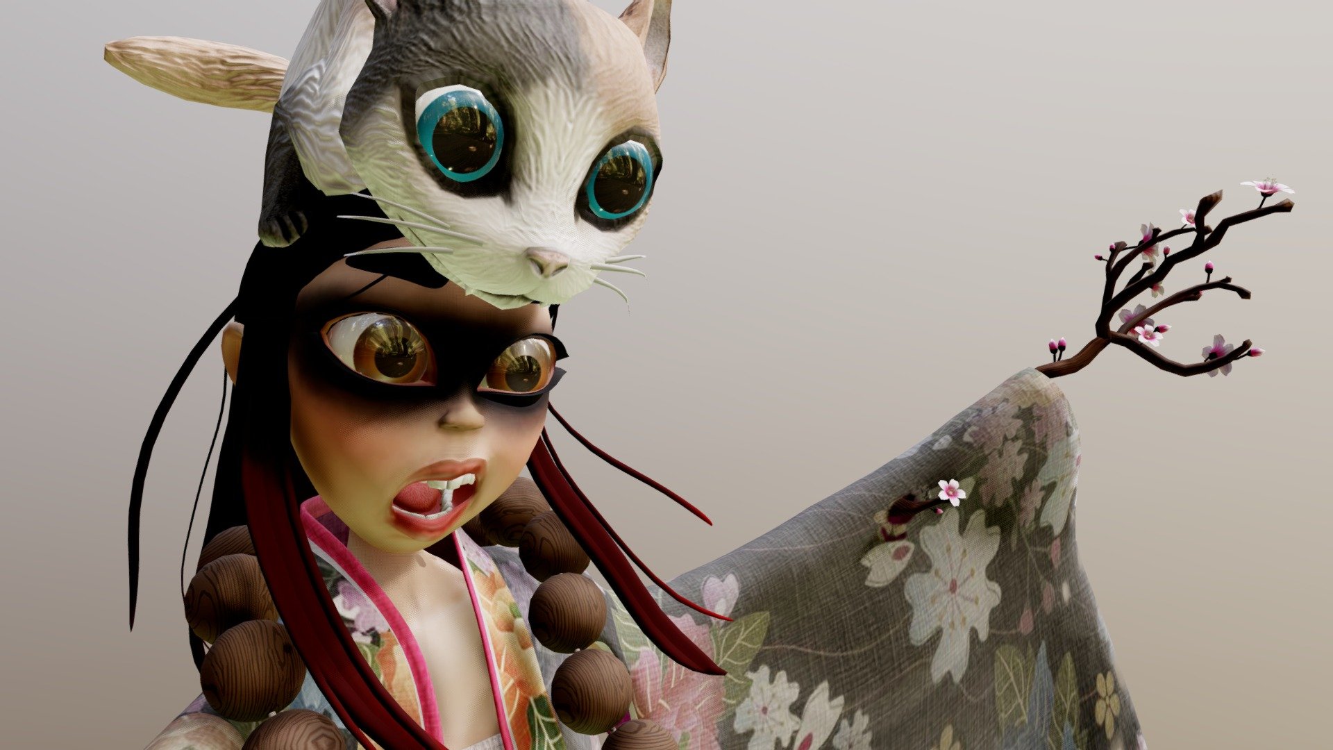 https://www.artstation.com/artwork/ybJ9yn

Little Riko-chan was born into a traveling troupe of actors. Unfortunately, they fell on hard times after putting on a satirical play making untasteful references to the local Daimyo's family tree. The politician was not pleased and ruined their reputation.

Rather than let the family go hungry, Riko-chan and her loyal cat, Neko-sama, took matters into their own hands. After raiding the prop and costume chest, they now scare the bejeezus out of wealthy travelers in the guise of an ogre and loot the belongings they inevitably leave behind.

This was my submission for the Feudal Japan Artstation Challenge. This was a fun idea to work on, but once again I felt like I lost a lot of time by not having picked a concept from the first stage of the challenge. Still, I'm fairly happy with the result, despite the constraints. If I were to fix stuff, it would be to redo the fabrics with marvelous or something, and redo the cat hair 3d model
