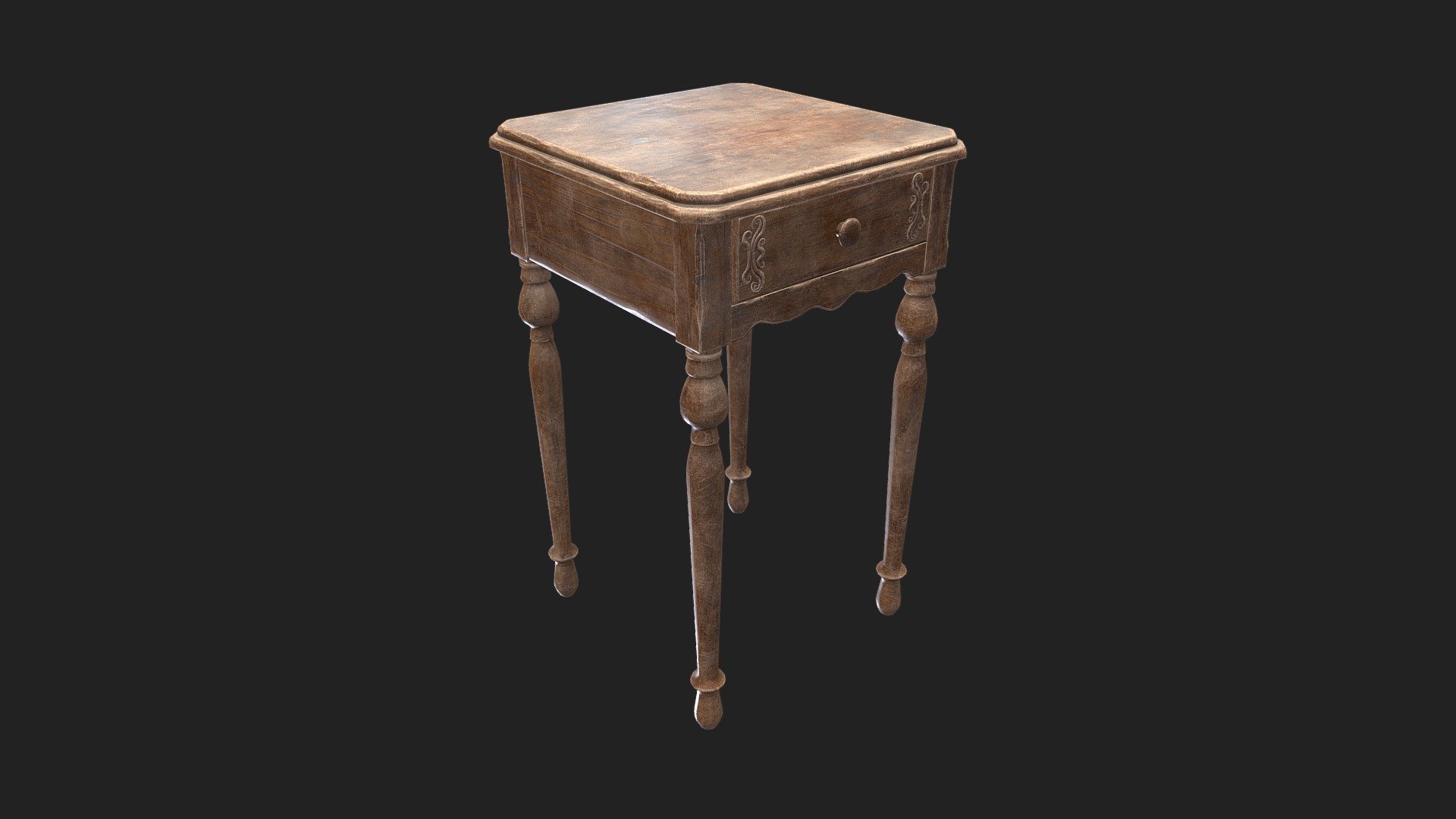 The drawer is separated from the table and openable.

2048x2048 textures packs (PBR Metal Rough, Unity HDRP, Unity Standard Metallic and UE4):

PBR Metal Rough- BaseColor, AO, Height, Normal, Roughness and Metallic;

Unity HDRP: BaseColor, MaskMap, Normal;

Unity Standard Metallic: AlbedoTransparency, MetallicSmoothness, Normal;

Unreal Engine 4: BaseColor, Normal, OcclusionRoughnessMetallic;

The package also has the .fbx, .obj, .dae and .blend file 3d model