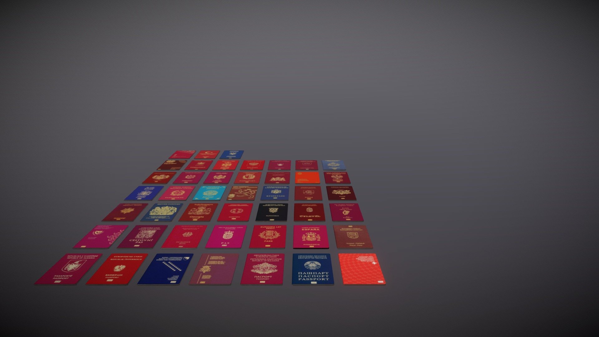 45 High quality European passports with Albedo, Normal and Metallic map

The passports are separated objects upon importing the file.
(the preview may have problems with the masks, but this is just due to the amount of objects)
Features:
1024x1024 diffuse
1024x1024 metallic
1024x1024 Normal
92 tris per passport
88x125x3.5mm passport dimensions

Countries:
Albania
Austria
Belarus
Belgium
Bosnia and Herzegovina
Bulgaria
Croatia
Cyprus
Czech Republic
Denmark
Deutschland
Estonia
Finland
France
Georgia
Greece
Hungary
Iceland
Ireland
Italy
Kazakhstan
Latvia
Liechtenstein
Lithuania
Luxembourg
Malta
Moldova
Monaco
Montenegro
Netherlands
Norway
Poland
Portugal
Romania
Russia (Russian Federation)
San Marino
Serbia
Slovakia
Slovenia
Spain
Sweden
Switzerland
Turkey
Ukraine
United Kingdom (Great Britain) - International Passports - Europe Edition - 3D model by Ultikynnys 3d model