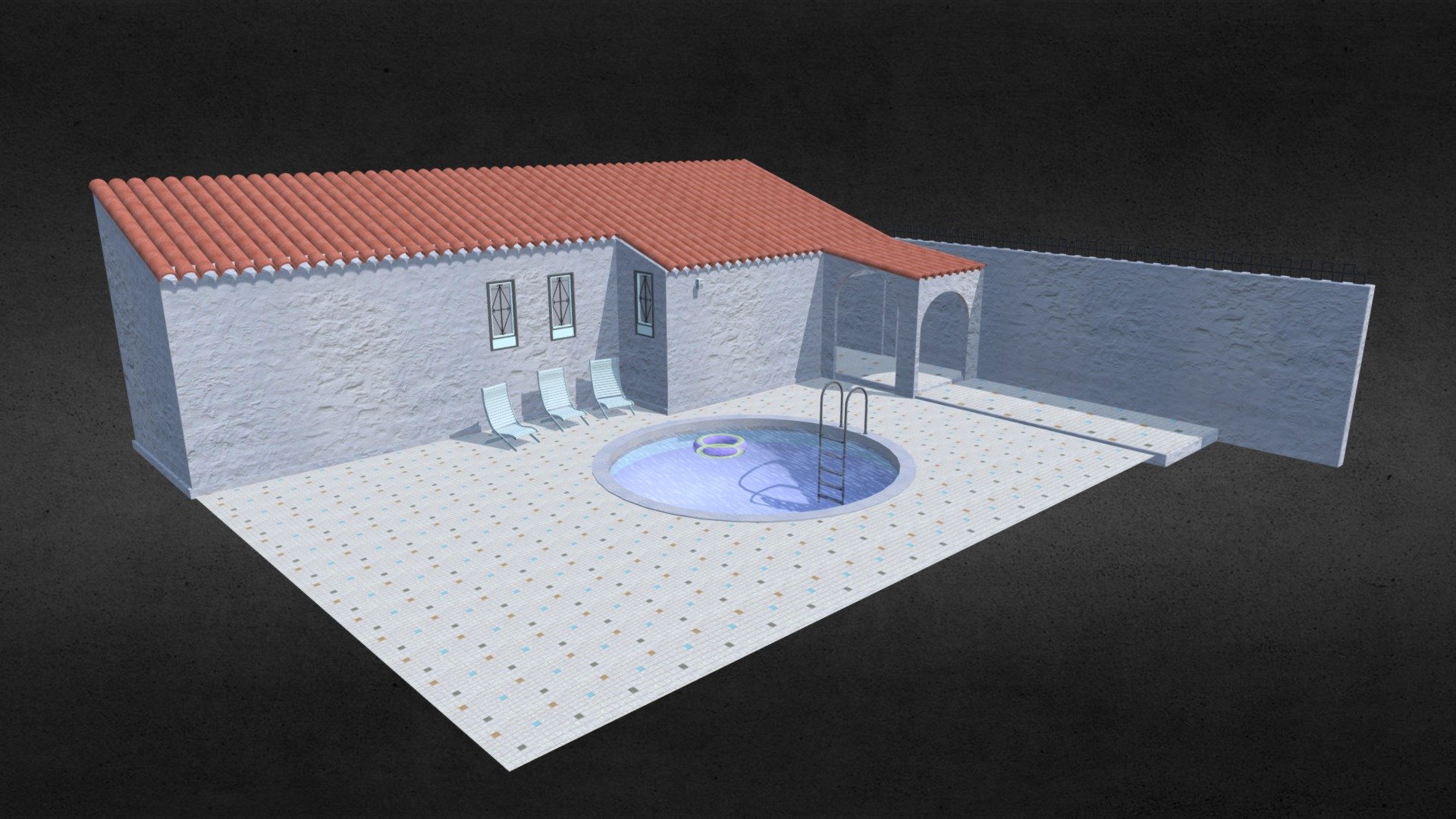 This is a model of a villa typically found in the Mediterranean region, such as Italy and France.

Product Features:




Detailed model, with 19,940 polygons.

Made with 3 and 4-point polygons.

Includes group information, which your software should interpret as separate parts: 3 pool chairs, pool float, and the water top.

The obj version includes an mtl file, which your software program should read to colorize the model.

The model is UV mapped.

One color scheme with all the texture maps shown.

You'll have to apply your own metal and glass shaders.
 - Mediterranean Villa Pool - Buy Royalty Free 3D model by JohnHoagland 3d model