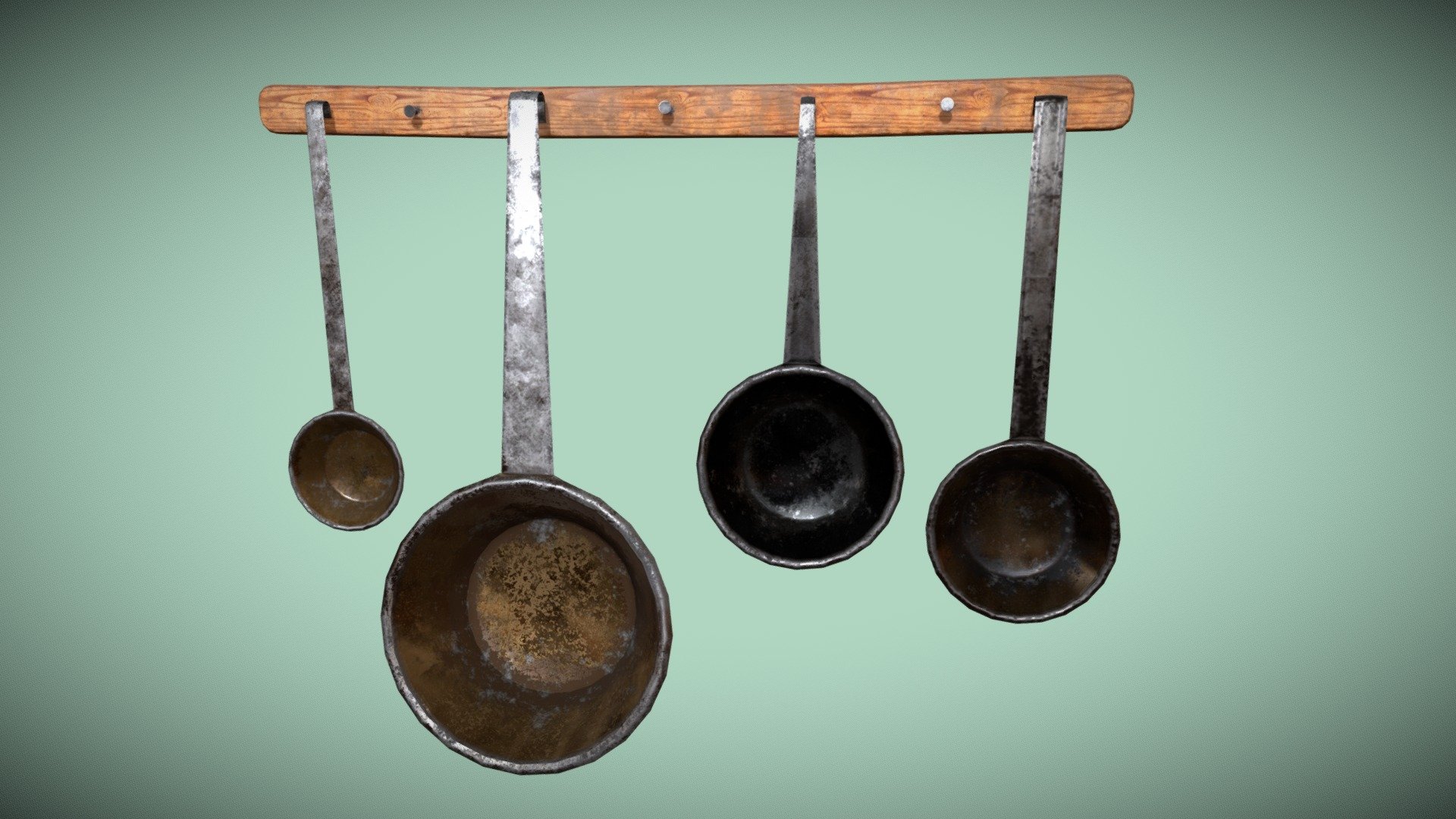 4 frying pans, or pots, and a support for the wooden ones. Textures in PBR size 1024. The models are all separately. In additional download more formats, FBX OBJ 3d model