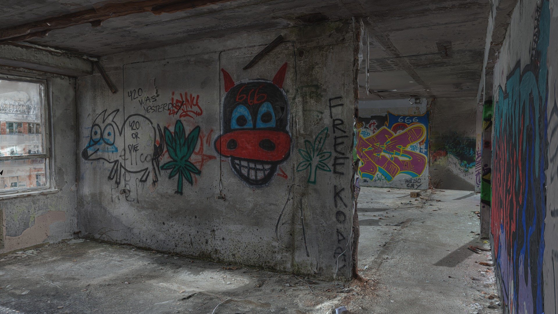 3D scan of two abandoned soviet school rooms.
Graffiti on walls, trash on ground etc. 
With normal map 3d model