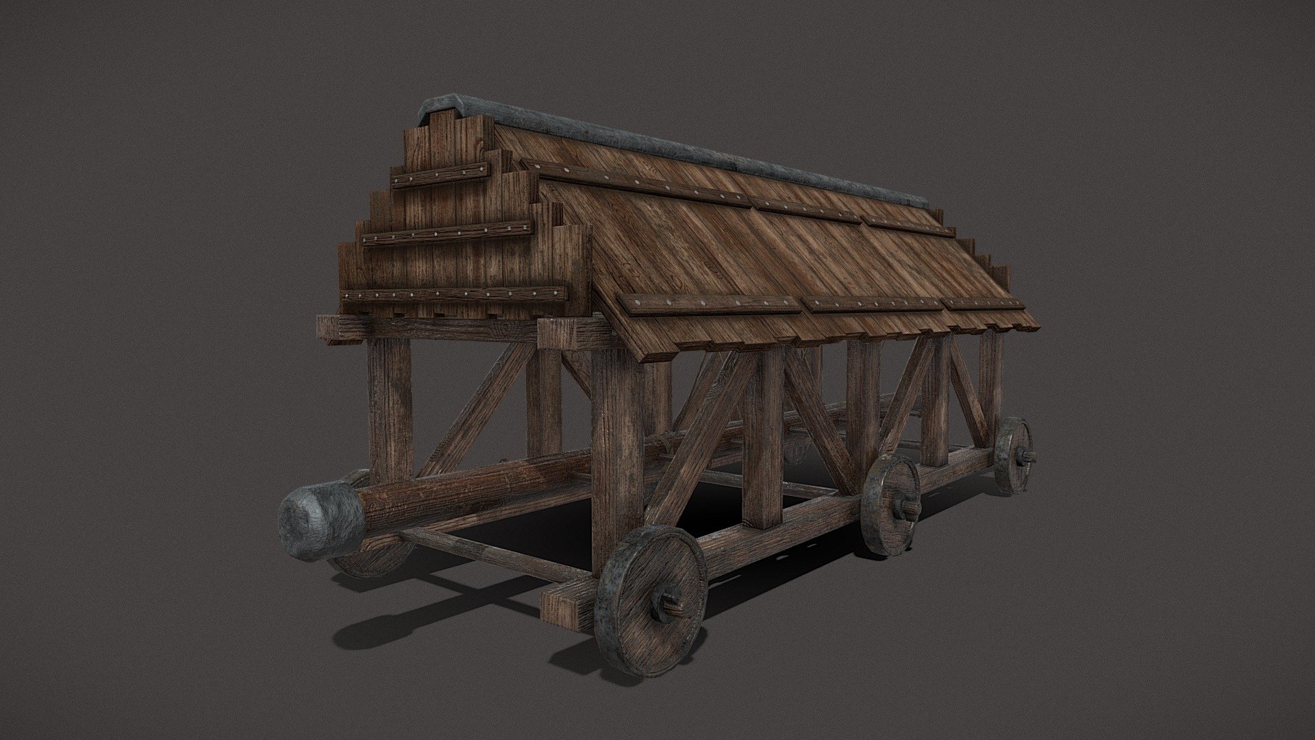 Battering Ram 3D Model. RIGGED. ANIMATION is realistic swinging of the the center pole to make impact with a door or wall. A Battering Ram is a siege engine that originated in ancient times and designed to break open the masonry walls of fortifications or splinter their wooden gates. The Battering Ram is among the oldest used siege weapons and its history can be traced back to the ancient Assyrians whose images have been found using battering rams from about 9th century BC. Subsequently, it was used by Greeks and Romans as well as other people throughout the world. The design of Medieval Battering Ram could also serve as a bridge across a defensive moat or ditch! When a wall had been breached the ram could be used as an access route to the castle. No two rams were the same. They were designed to gain the maximum effect when attacking the defences of the castle. Model uses three materials. Battering Ram Body, Roof and Rope &amp; Handles 3d model