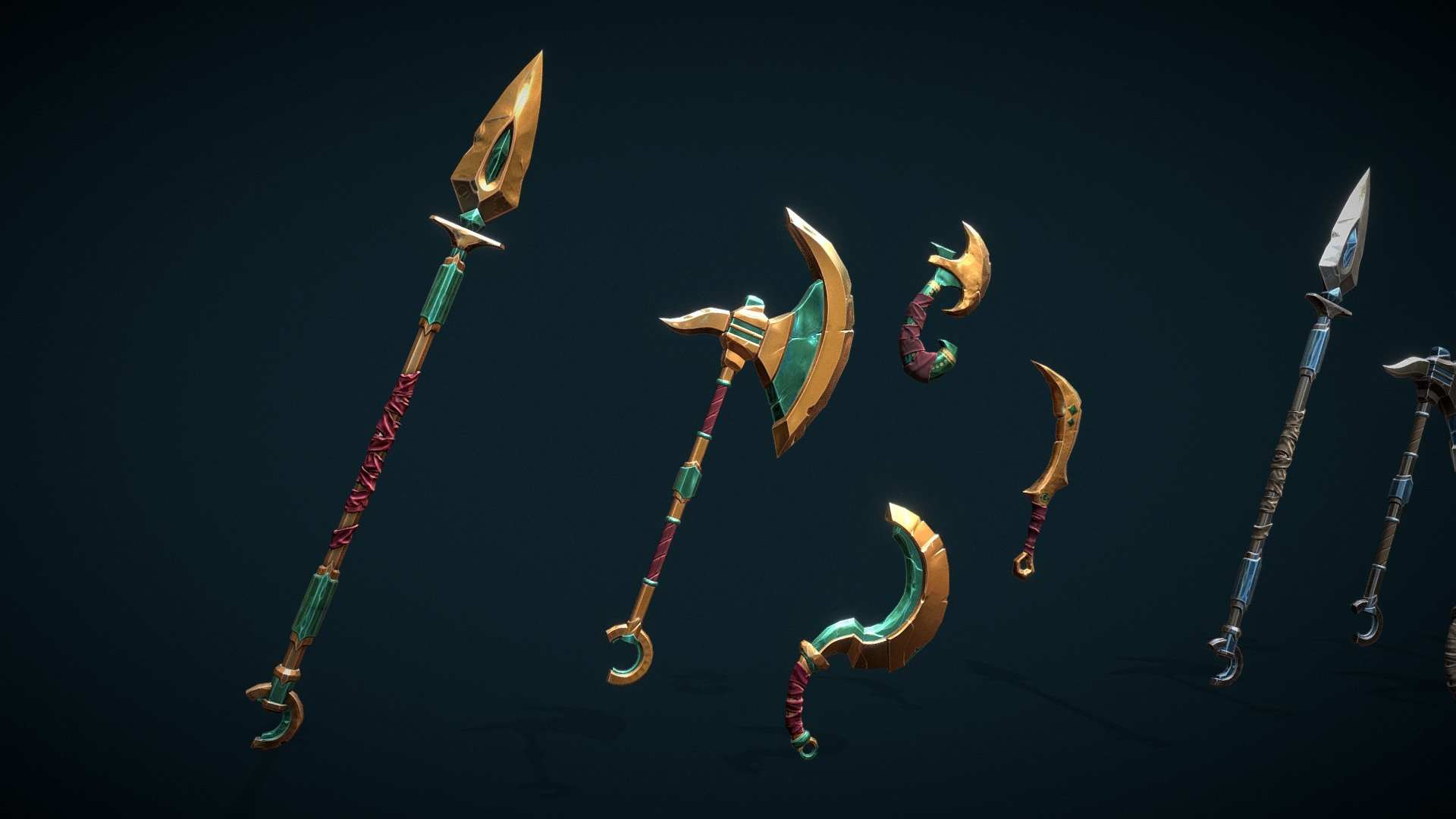 Weapon pack contains:

15 Weapons:

    5 Models:

        – Short Sword – 380 Tris;

        – One-Handed Axe – 2416 Tris;

        – Great Axe – 2024 Tris;

        – Spear – 4696 Tris;

        – Sickle – 1505 Tris;

    15 Different RGB Packed Materials:

        – 5 Desert Themed Materials – 2048×2048/ 1024×1024/ 512×512

        – 5 Vulcanic Themed Materials – 2048×2048/ 1024×1024/ 512×512

        – 5 Nordic Themed Materials – 2048×2048/ 1024×1024/ 512×512

Get 5 Game Ready Stylized Assets that can be used in any type of game. Anything from Phone Games to Stylized RPGs, top-down Hack, and Slash, and even Brawlers and Strategy games. We offer Variety and most importantly Quality so you don’t have to think about the asset-making process anymore 3d model