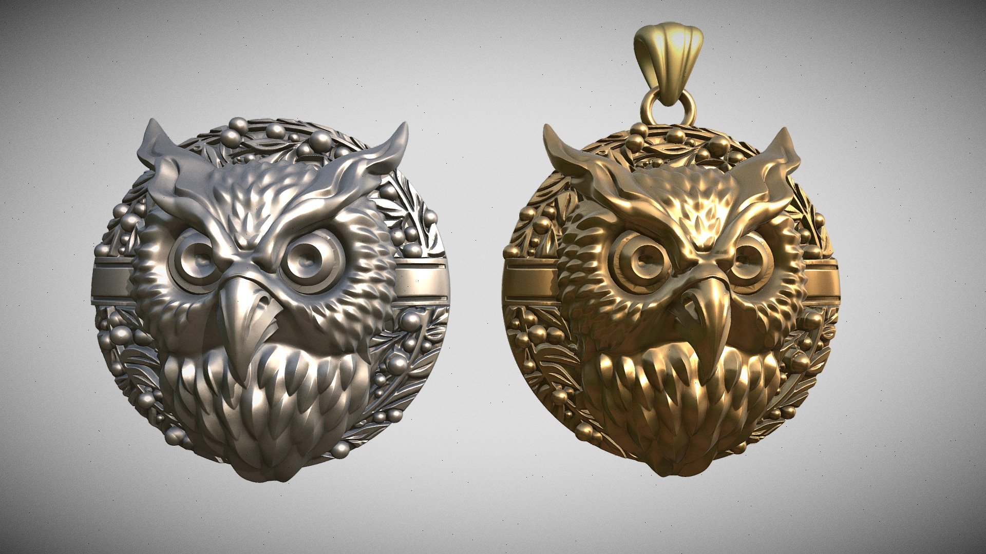 The OWL BAS-RELIEF medallion is made as a single element. I set the size to 50-55 mm in diameter. The model has a high resolution, and you can change the size as you wish.
Please note that the model has two options with and without a hanging eye.

besides the medallion, you can serve both as an independent element of decor, and in combination with other elements, decorating them. It can be cast for a brooch

Model geometry is mesh (polygonal),this is not a Nurbs geometry.
It is designed for printing and casting and technically cannot be converted to NURBS geometry 3d model