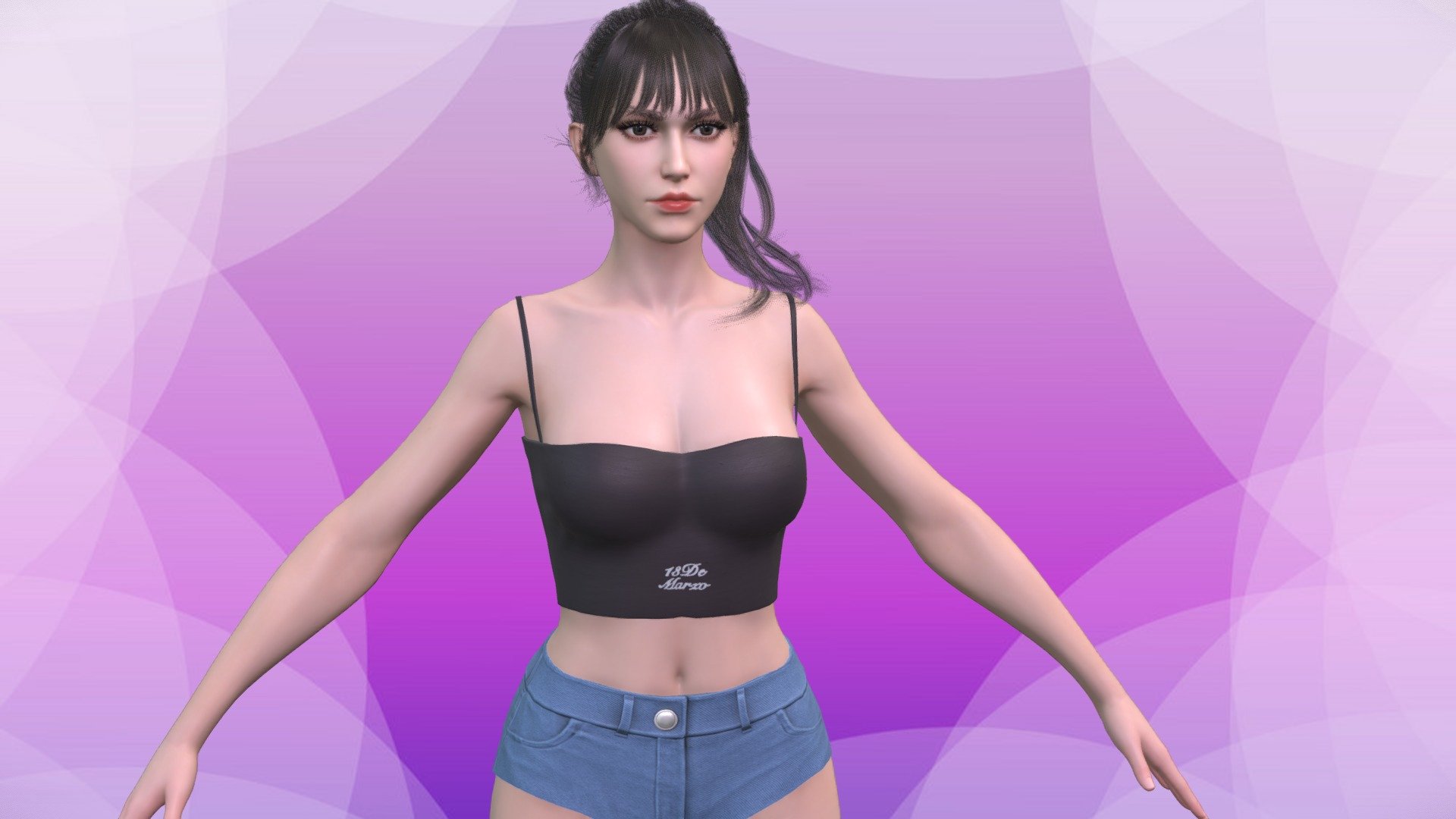 -Product name: Young Fashion woman wear tops and short jeans GameAssets

+Low poly, game ready, unrigged, PBR textures. Include nude body mesh.

Basemesh Highpoly mesh zbrush ztl file included.Only basemsh,cloth not included.

+2body versions: Full Clothes,Full Nude.

161144 tris.

Maya version：2016

mb FBX OBJ DAE ztl format fles included.

PBR Texture size ：Basemesh 4096*4096 tga format.OpenGL Normal map.Cloth:2048 tga format.OpenGL Normal map

The product please visit(NUDE PHOTO):https://www.artstation.com/a/23745461       Preview images is captured Marmoset toolbag 4.

Enjoy~ - Fashion Woman Tops And Short Jeans Game A - Buy Royalty Free 3D model by Vincent Page (@vincentpage) 3d model