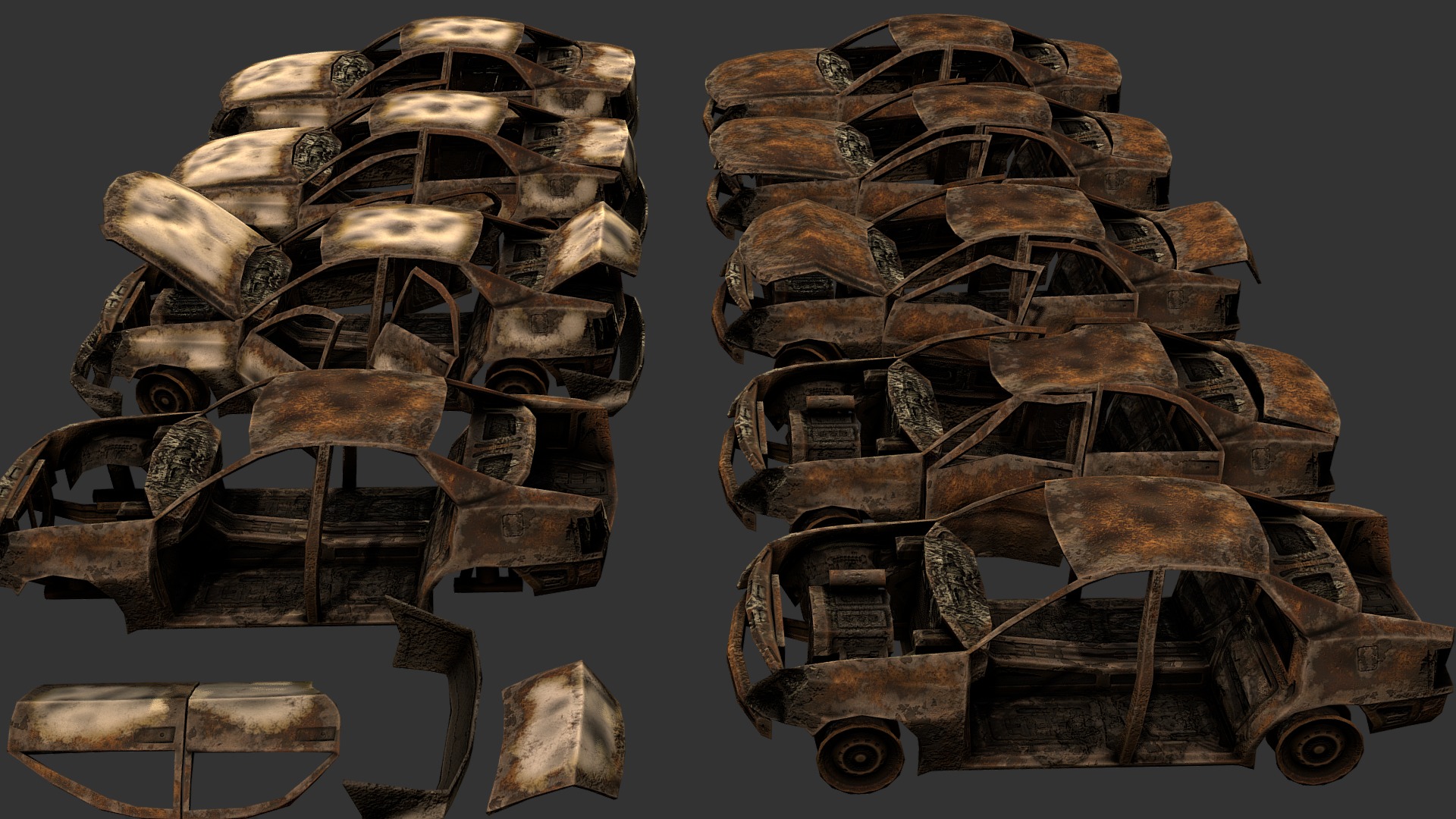 Decided to do a burned car to play with materials on, ended up turning it into a semi-modular destroyed/burned/post-nuclear car set.

Made in 3DSMax and Substance Painter - Burned Car Kit - Buy Royalty Free 3D model by Renafox (@kryik1023) 3d model