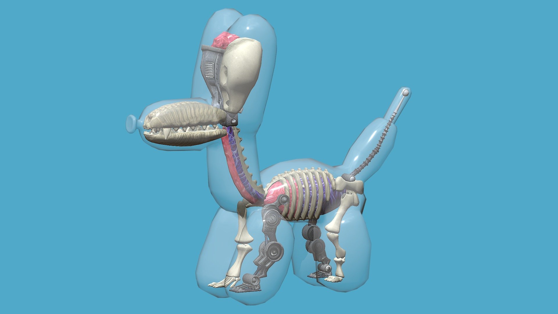 Another personal project is out as it is a rendition of Jason Freenys balloon dog. With this project, my goal was to try out other kind of artstyle form my usual cartoonish approach with combination of realistic surface texturing and toylike elements. I wanted to try and see how mecha elements cooperated with skeletal look 3d model