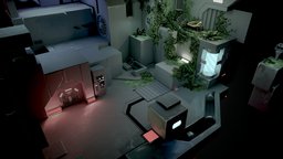 Switch the gravity (animated) ivy, gravity, puzzle, pipes, foliage, diorama, metal, chamber, fans, solver, overgrown, game, sci-fi, futuristic, stylized, abstract, fantasy, spaceship, testchamber, invertigo, noai