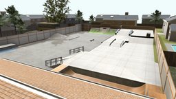 Shanes Backyard Skatepark (game-ready) scene, skateboard, skate, skateboarding, skating, halfpipe, bmx, houses, skatepark, ready, town, ramps, game-ready, backyard, neighborhood, low-poly, asset, game, lowpoly, low, poly, house