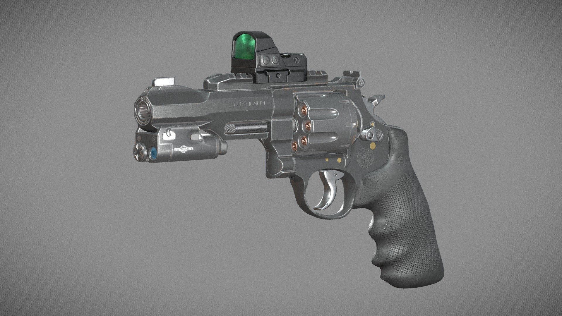 The game ready model of the Revolver S&amp;W M&amp;P R8 357 Magnum. 




Polycaunt:

revolver - 15248,
bullets - 8448,
flashlight - 3240,
scope - 3962,
glass - 128,
laser - 2,
all - 31028




5 PBR texture sets:

revolver - 4096x4096,
flashlight - 2048x2048,
scope - 2048x2048,
glass - 512x512,
laser - 256x256

Modeling and UV in Blender; Bake in Marmoset Toolbag, Texturing in SP; Render in Marmoset Toolbag.

You can view the renderings on: https://www.artstation.com/alexandershevchenko - Revolver S&W M&P R8 357 Magnum - 3D model by Alexander Shevchenko (@alexshevart) 3d model
