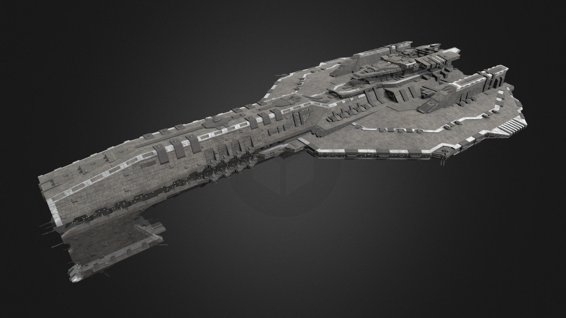 My Rendition of the Keldabe Class Battle ship from Star Wars Empire at War. Please do not use in other Star wars Empire at War Mods. I want to impove on my Last Keldabe design by making the model more angular and look closer to the original design. I took refrence from other Keldabe designs on Artstaion such as 1st_Fleet and Daniel T., along with some from the various mods out there, so if you like mine go check there's out to.

Owner: Mandalore
Constructor: Mando Motors
Class: Battleship
Purpose: Frontline Brawler
Armament: Over a hundred Dual Laser Turrets, 52 Quad Medium Turbolaser Turrets, 16 Quad Heavy Turbolaser Turrets, 17 Sextuple Heavy Turbolaser Turrets, and 96 concussion missile tubes.
Carries: 6 Fighter squadrons, 1 Heavy Fighter squadron, and 1 Bomber squadron.
Lenght: 1,700m 3d model