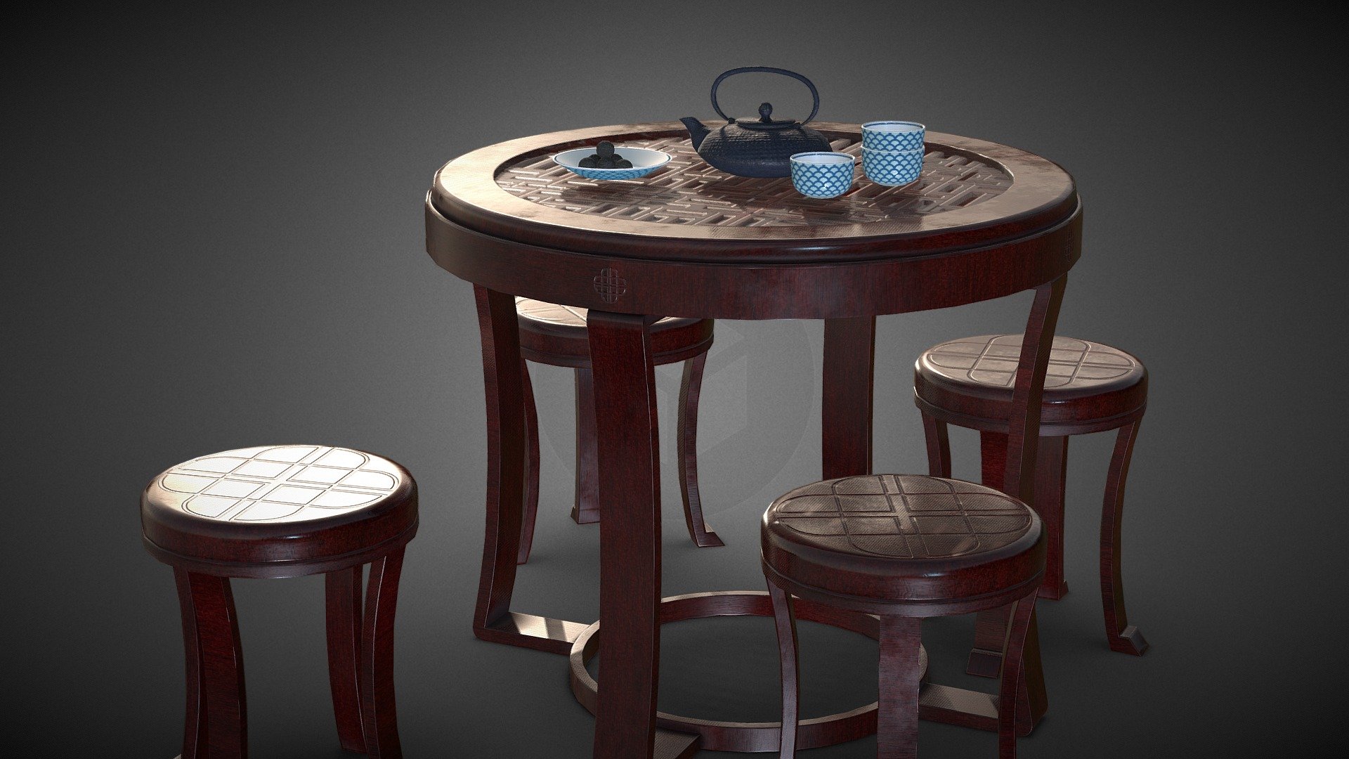 Chinese style tea table set. 
high to low poly modeling and UV's in Blender, texturing in Substance Painter.

Contains : 

-1Table/ 1glass top/ 1wood decoration (8 stacked alpha planes)/
-1Stool (4 instances)/
-1Iron cast teapot/
-1Tea cup (3 instances)/
-1Plate/ 
-1Tea ball (6 instances) - Tea Table Set - Buy Royalty Free 3D model by Léonard_Doye Alias Leoskateman (@leoskateman) 3d model