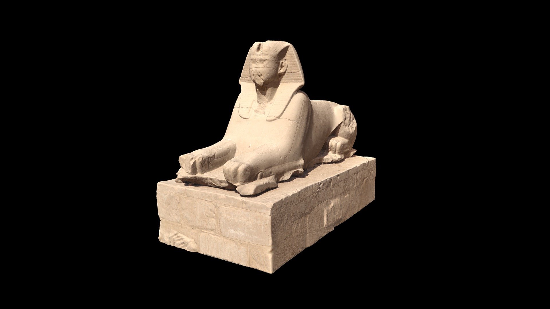 Human headed sphinx in the Mut Temple Precint, Karnak Temple area, Luxor, Egypt.
This sphinx is located to the east of the main N-S axis in area between the propylon and the Mut Temple proper.  

Created with Metashape 1.7.5 3d model