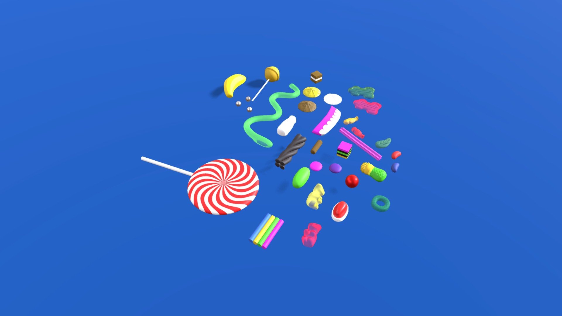I have a collection of lollies, included are ,teeth, lollipop,gummy_bear, jelly_baby, pineapple,musk_stick, choc_bud, freckle, mint_leaf, frogs, snake, chuppa_chup, milk bottle, licorice, banana, musk_stick, bullet,

Model comes without colors and textures 3d model