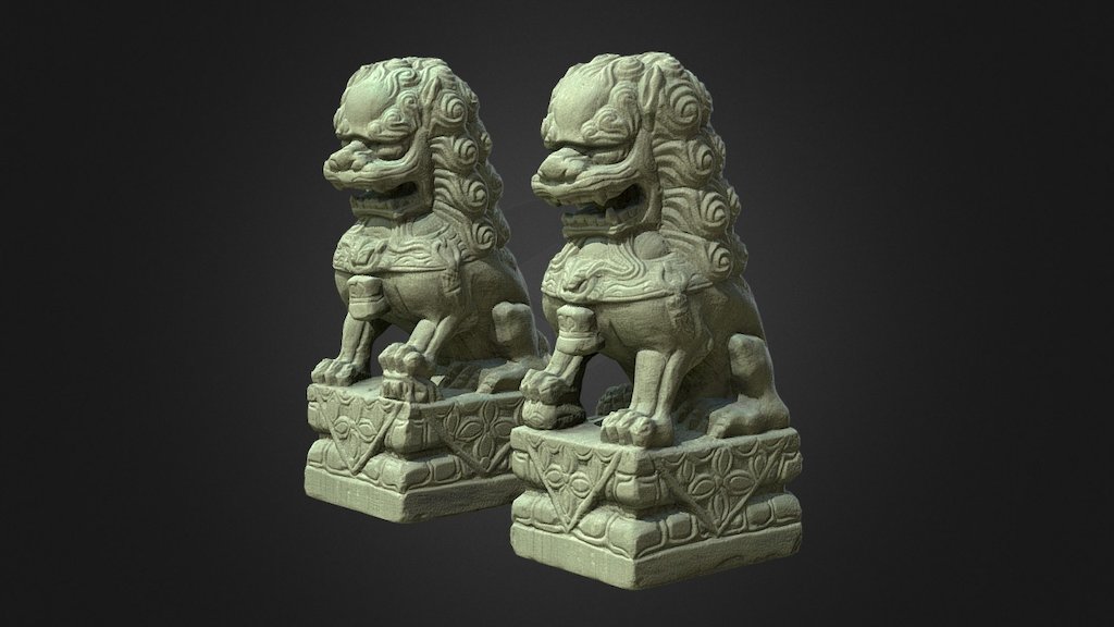 Two small Guardian lions (Koma Inu, Foo dogs) from Daruma scan.

Statues of guardian lions have traditionally stood in front of Chinese Imperial palaces, Imperial tombs, government offices, temples, and the homes of government officials and the wealthy, from the Han Dynasty (206 BC-AD 220), and were believed to have powerful mythic protective benefits. They are also used in other artistic contexts, for example on door-knockers, and in pottery. Pairs of guardian lion statues are still common decorative and symbolic elements at the entrances to restaurants, hotels, supermarkets and other structures, with one sitting on each side of the entrance, in China and in other places around the world where the Chinese people have immigrated and settled, especially in local Chinatowns 3d model