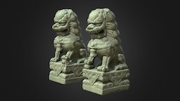 Two small Guardian lions (Koma Inu, Foo dogs) japan, shinto, photogrammetry, 3dscan, stone