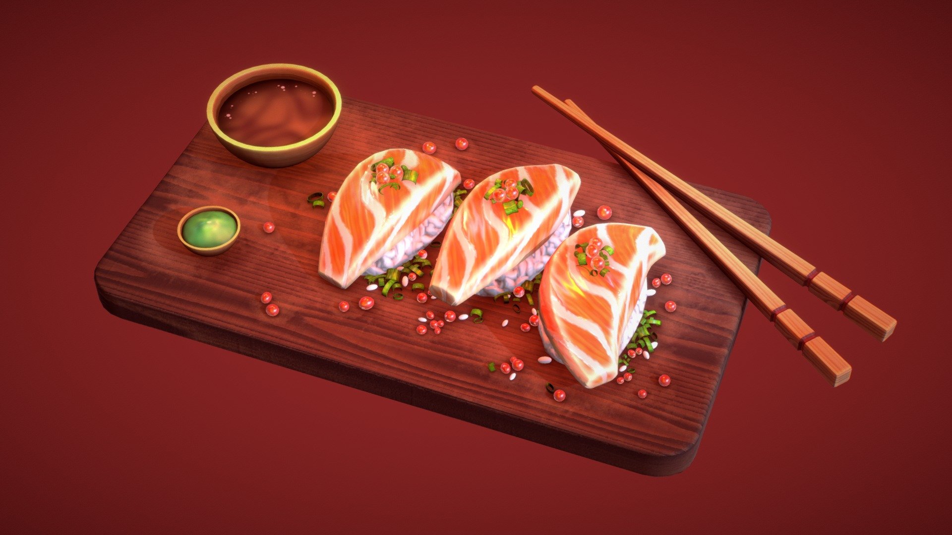First attempt at doing stylized sushi (one of my favorite kind of japonese food). Speed model, made in a day with Maya and texturized in Substance painter and Photoshop 3d model