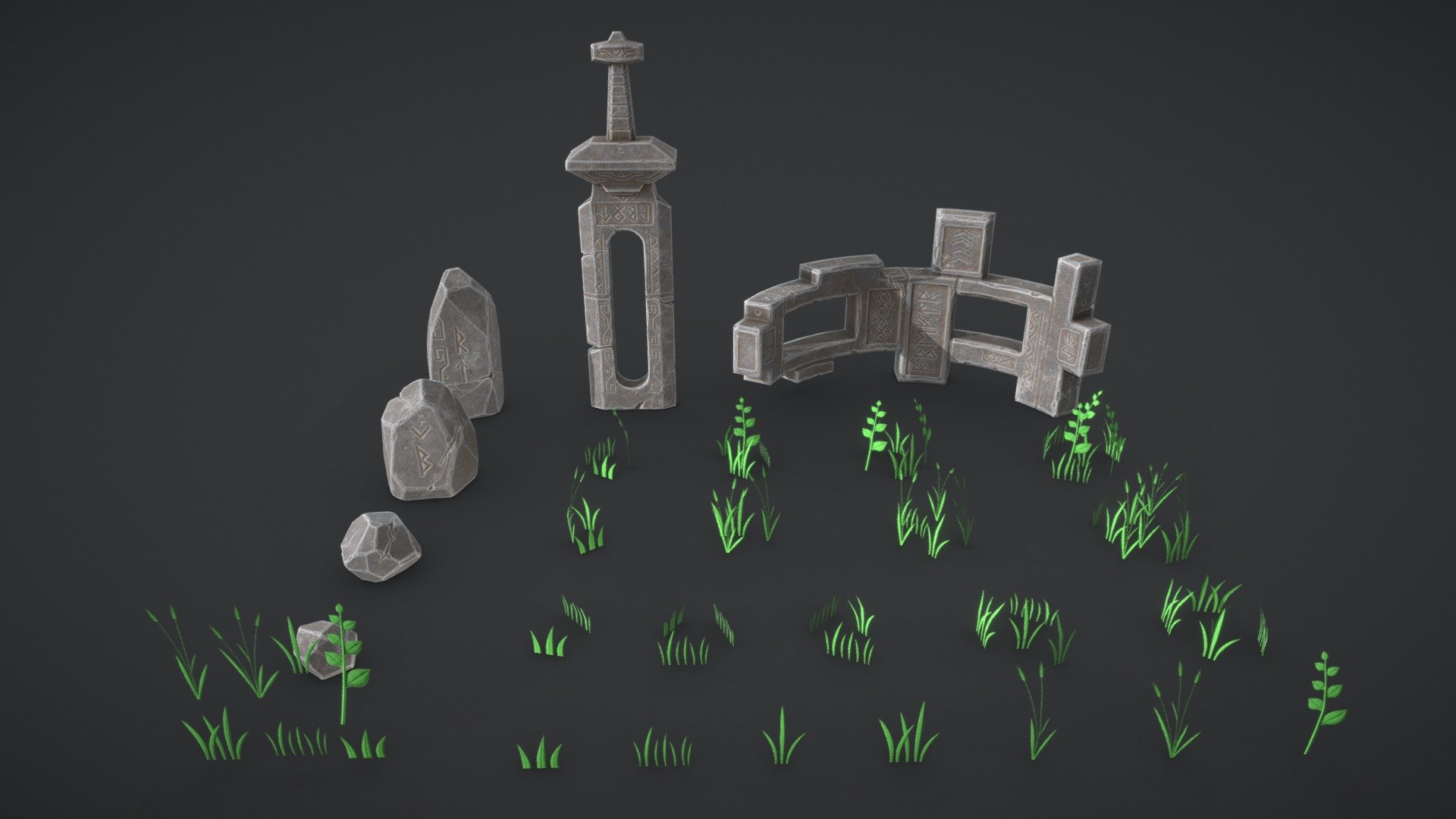 Stylized environment set. This set includes two architectural elements, several rocks and a set of plants. All plants on one texture atlas. 


Features:   

2 PBR materials for rocks and architectural elements (metallic/roughness); 

Plants texture maps: Diffusion, Opacity, Normal, Ambient Occlusion; 

Texture maps size 2048*2048; 

UV mapping: Yes, overlapping; 

Vertex Point: Yes, plants vertex painted with a gradient from black to white. The bottom is black;

Architectural elements: 278, 400 tris; 

Rocks: 248-284 tris; 

Group of plants: 5 – 46 tris.


I hope you will enjoy my product! If you have questions about this model or you have a problem send me: 

Artstation: www.artstation.com/comeback   

Email: c3posw@mail.ru 

I believe this world is beautiful and all problems can be solved! - Ancient Ruins - Download Free 3D model by Maksim Batyrev (@c3posw01) 3d model